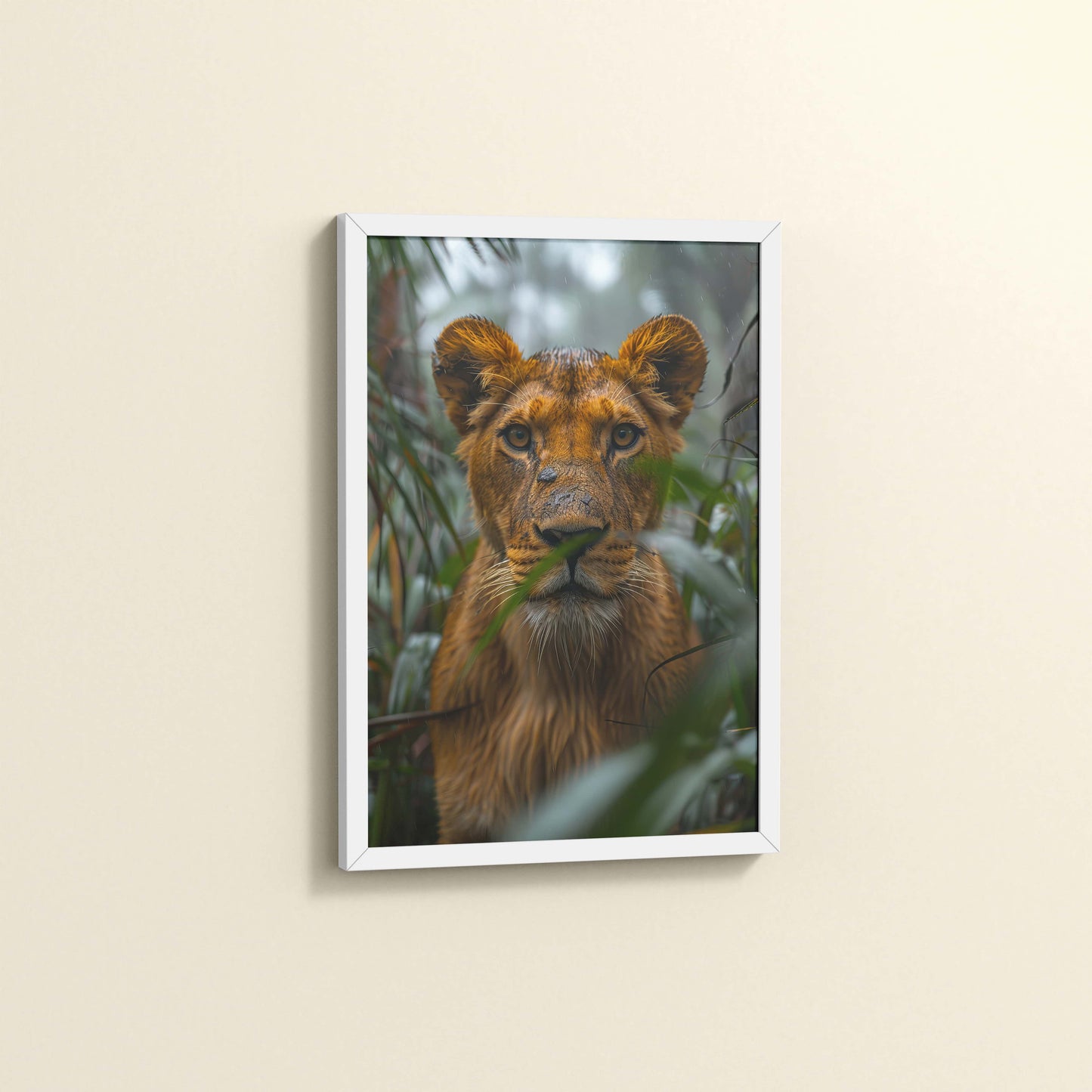 Side View of Little King – Lion Cub in Forest Wall Art & Frame in White Color Frame