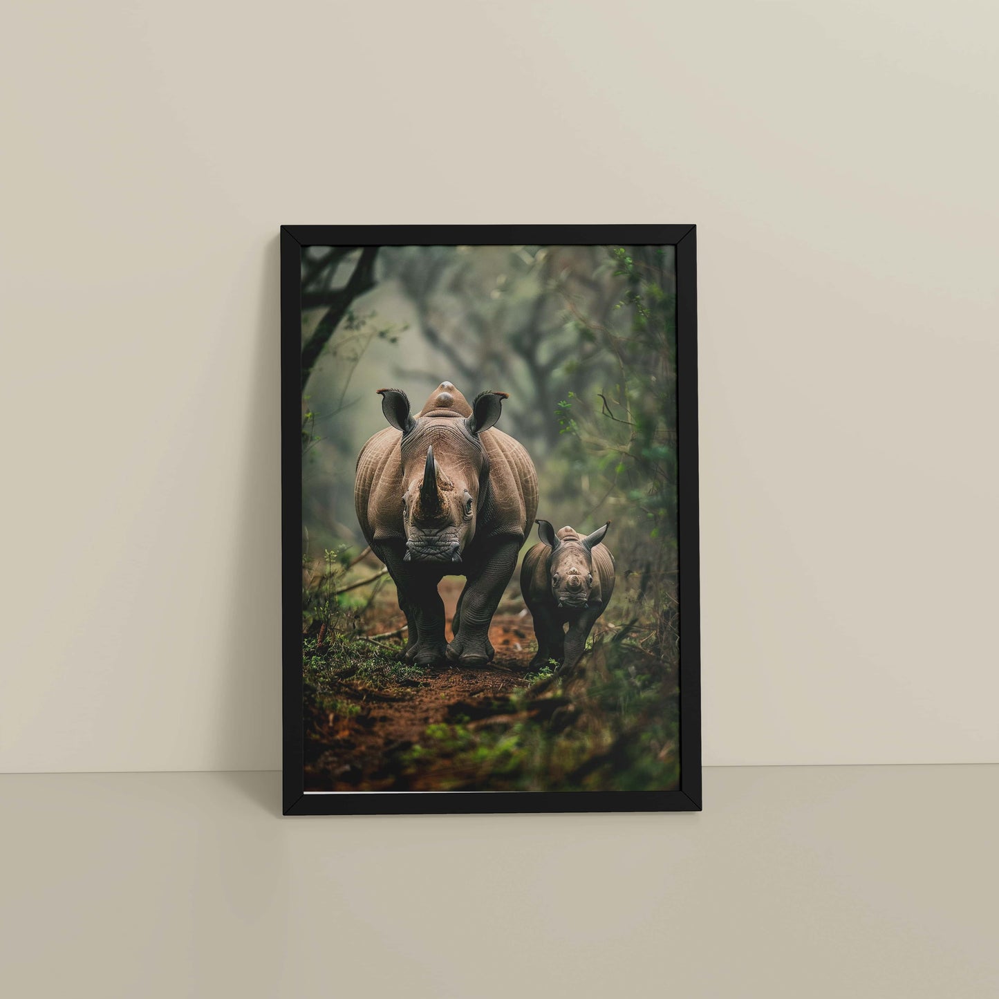 Floor View of Nature’s Bond – Rhinoceros with Baby Wall Decor in Black Color Frame