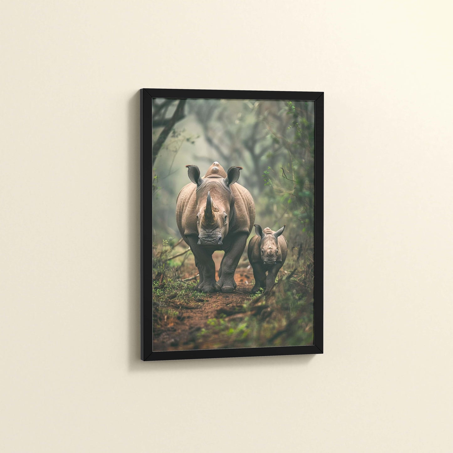 Side View of Nature’s Bond – Rhinoceros with Baby Wall Decor in Black Color Frame