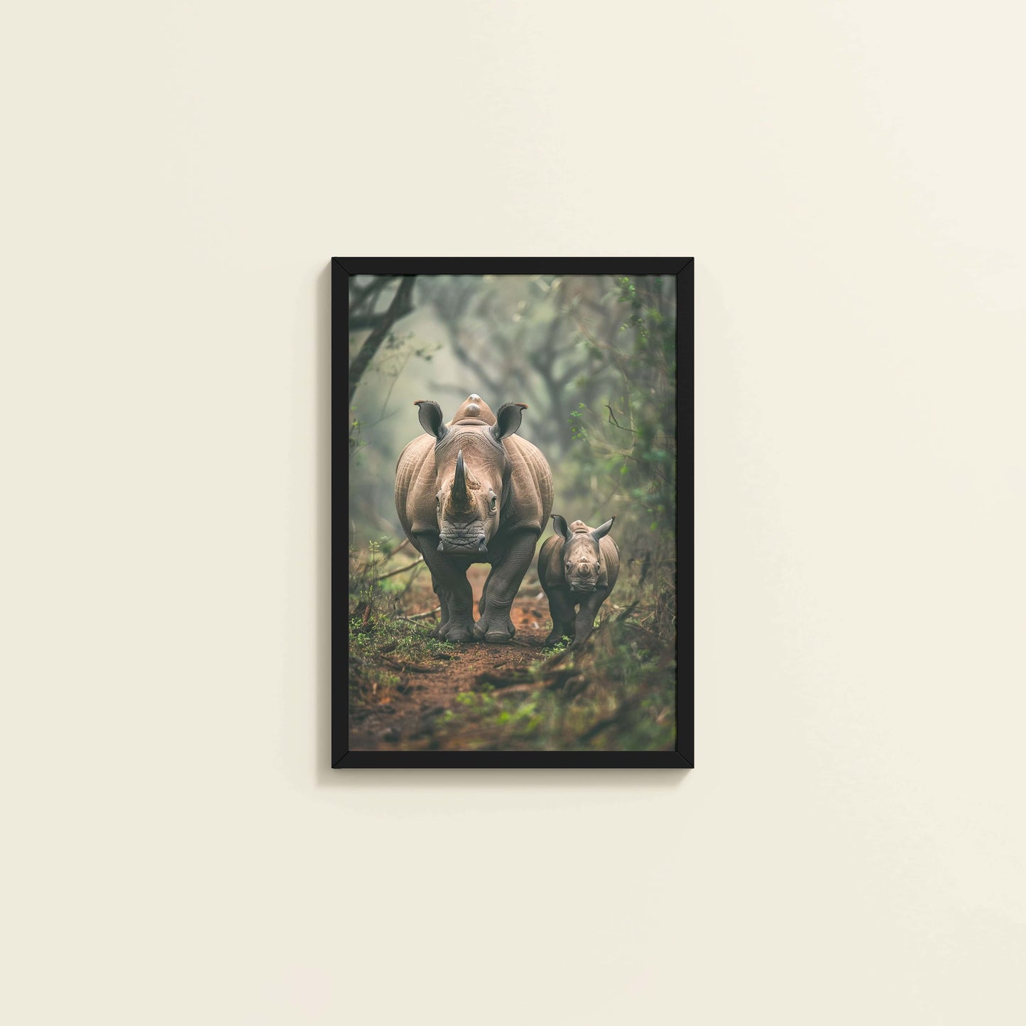 Wall View of Nature’s Bond – Rhinoceros with Baby Wall Decor in Black Color Frame