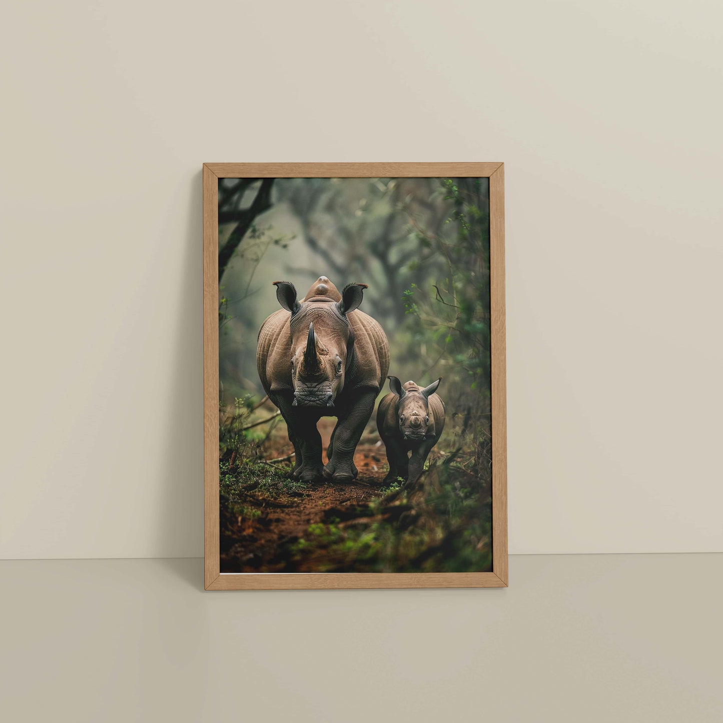 Floor View of Nature’s Bond – Rhinoceros with Baby Wall Decor in Natrual Color Frame