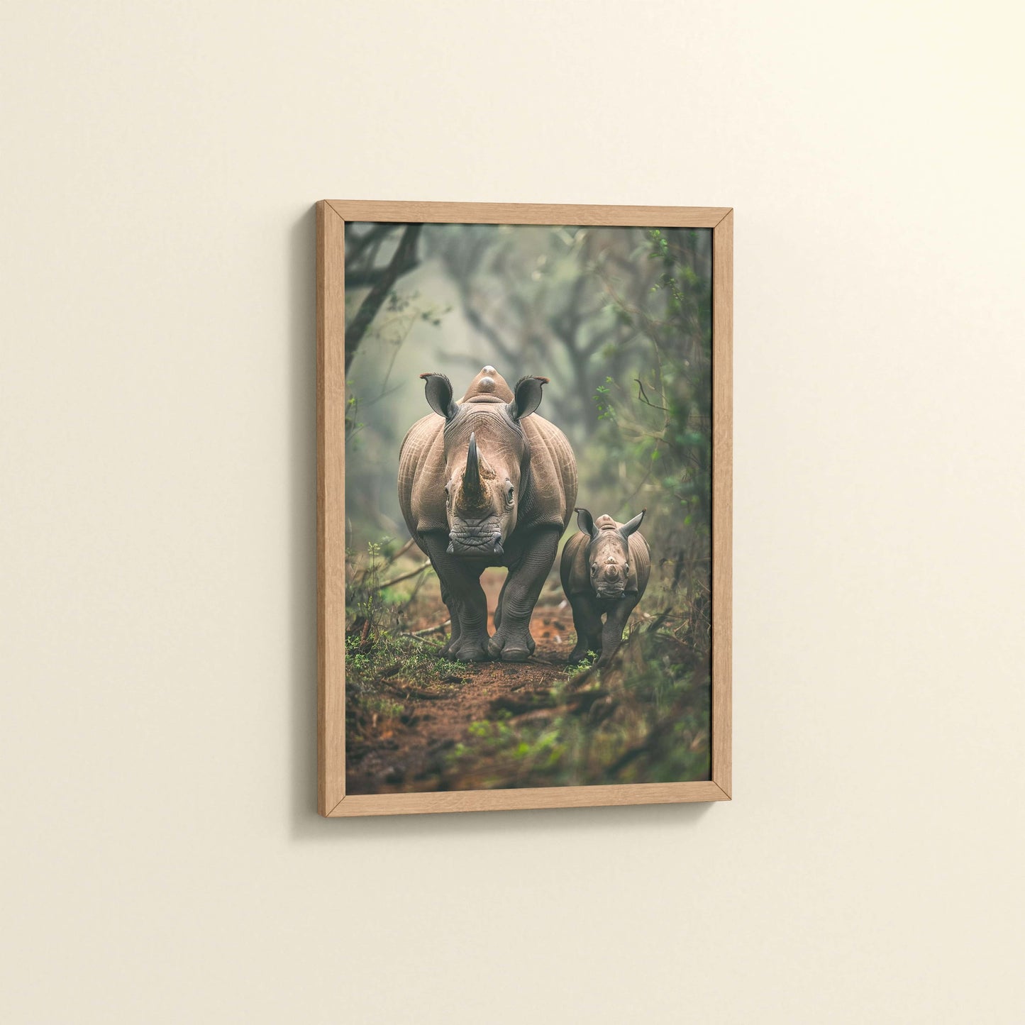 Side View of Nature’s Bond – Rhinoceros with Baby Wall Decor in Natrual Color Frame