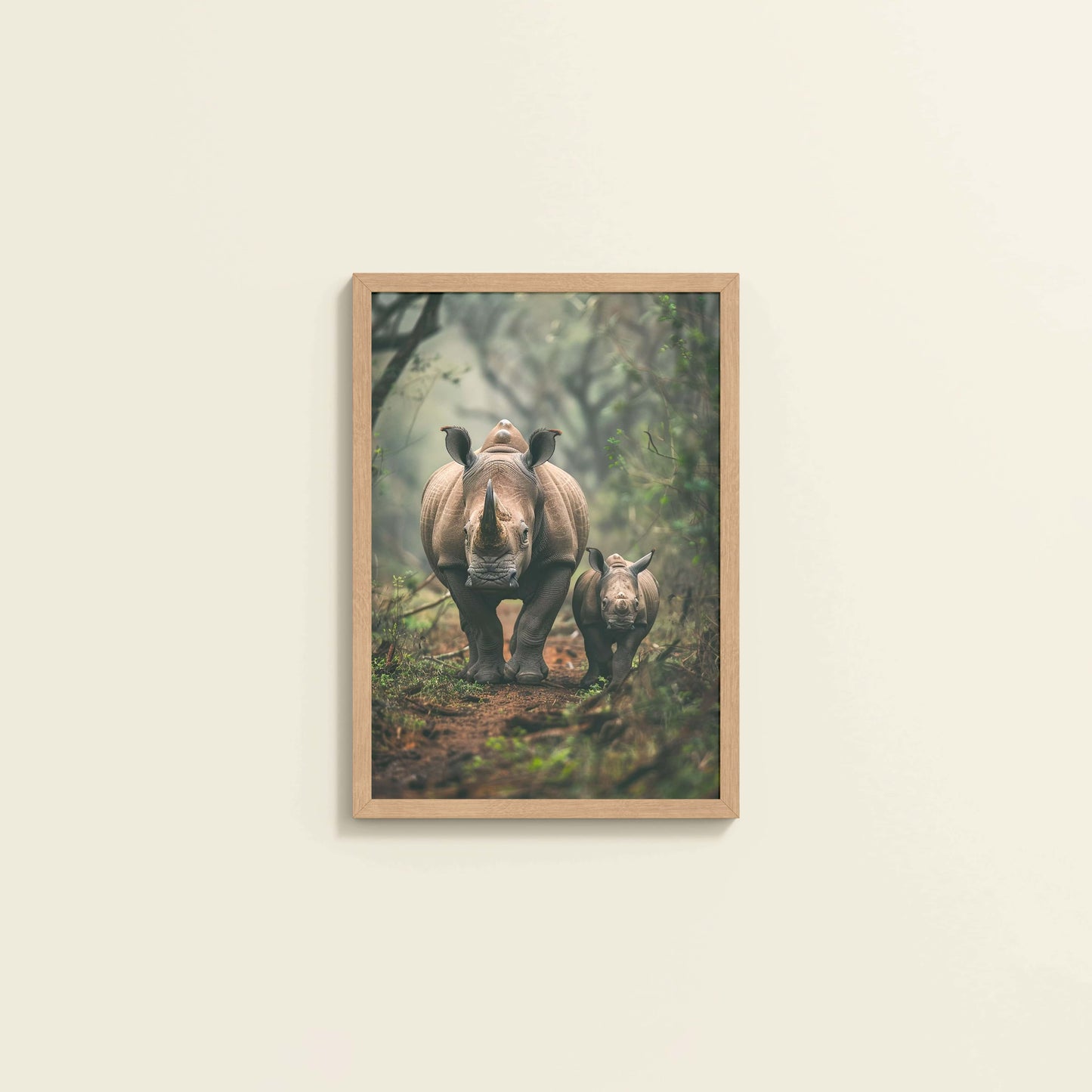Wall View of Nature’s Bond – Rhinoceros with Baby Wall Decor in Natrual Color Frame
