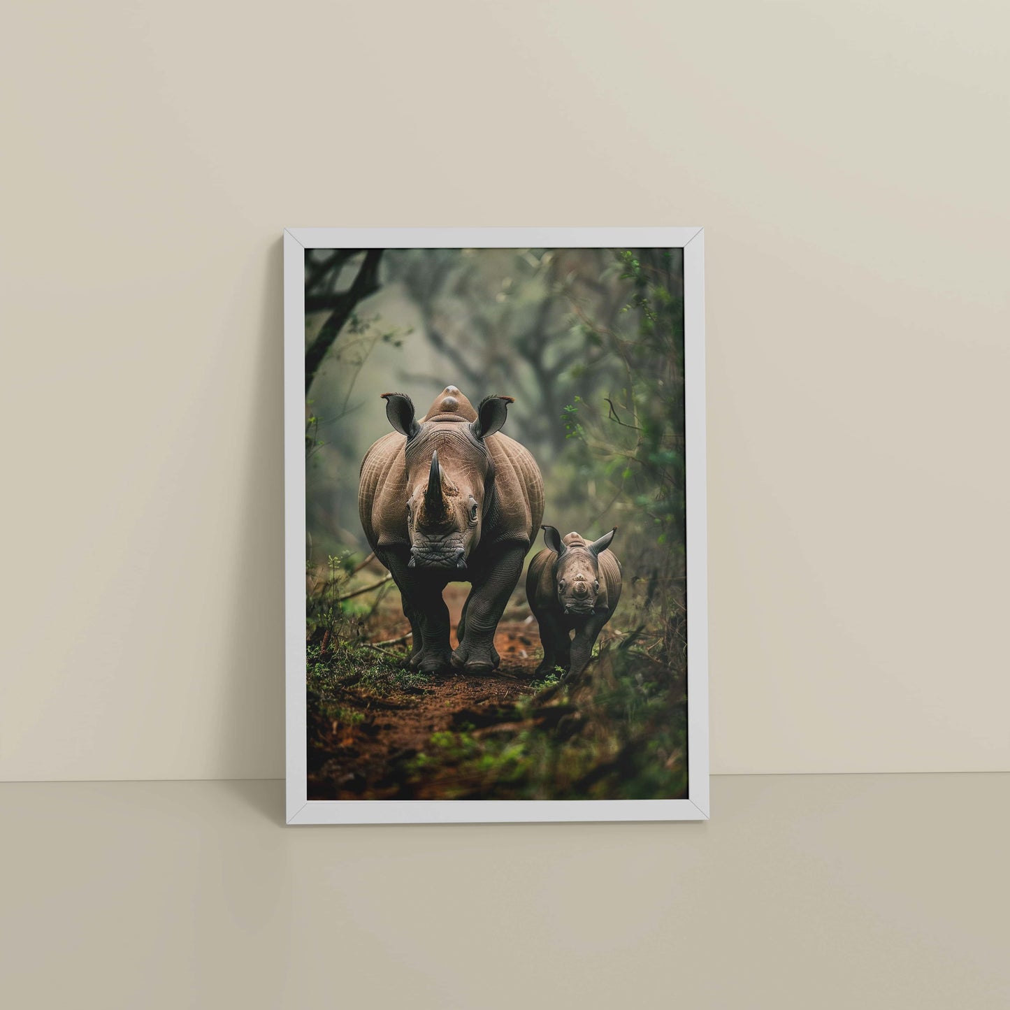 Floor View of Nature’s Bond – Rhinoceros with Baby Wall Decor in White Color Frame