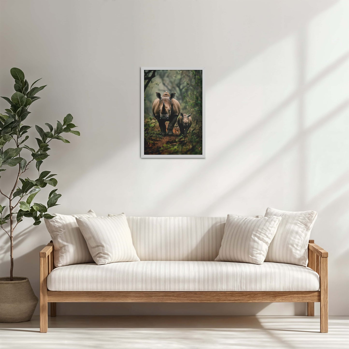 Living Room Cabinet Table Preview of Nature’s Bond – Rhinoceros with Baby Wall Decor in White Color Frame