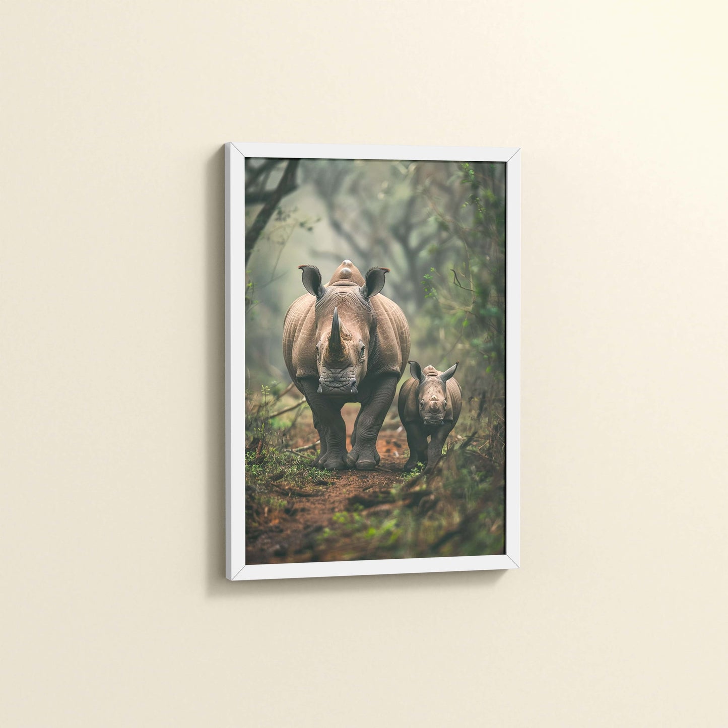 Side View of Nature’s Bond – Rhinoceros with Baby Wall Decor in White Color Frame