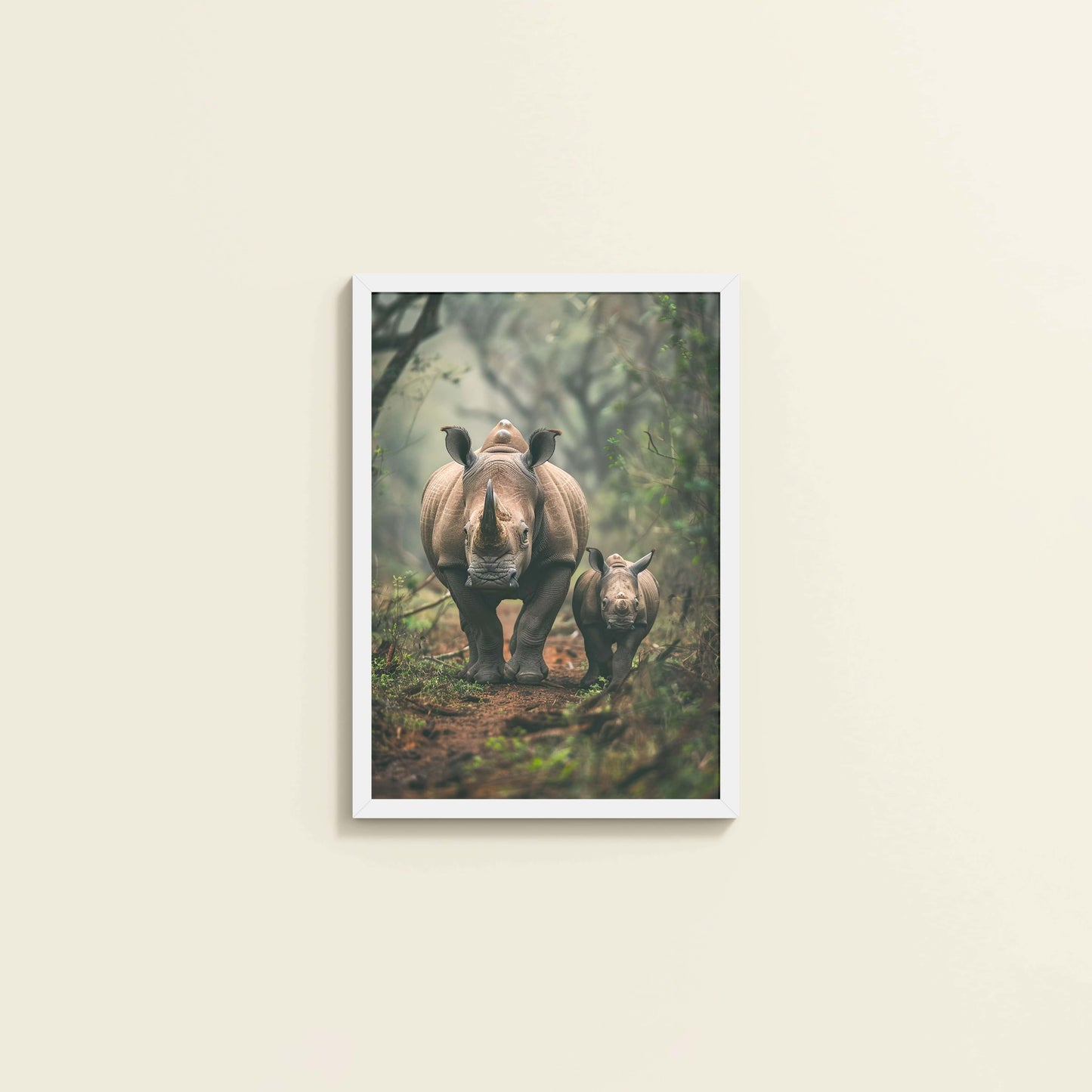 Wall View of Nature’s Bond – Rhinoceros with Baby Wall Decor in White Color Frame