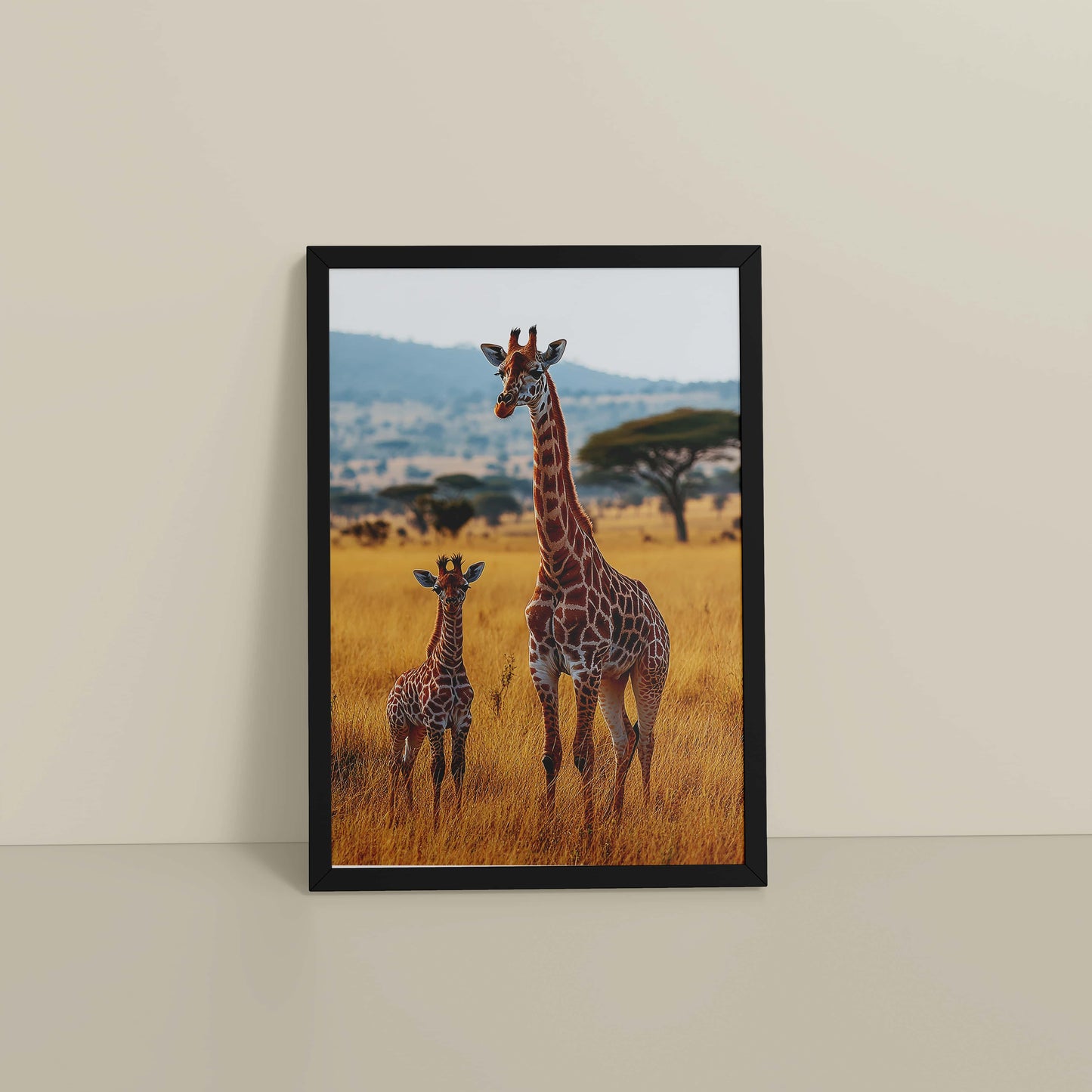 Floor View of Gentle Heights – Giraffe with Baby Wildlife Wall Art Frame in Black Color Frame