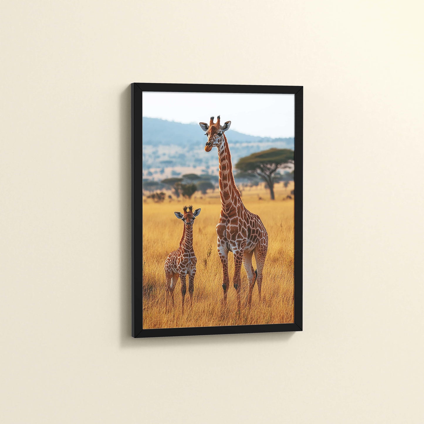 Side View of Gentle Heights – Giraffe with Baby Wildlife Wall Art Frame in Black Color Frame