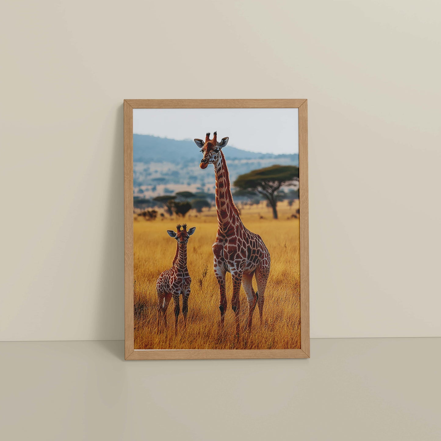 Floor View of Gentle Heights – Giraffe with Baby Wildlife Wall Art Frame in Natrual Color Frame