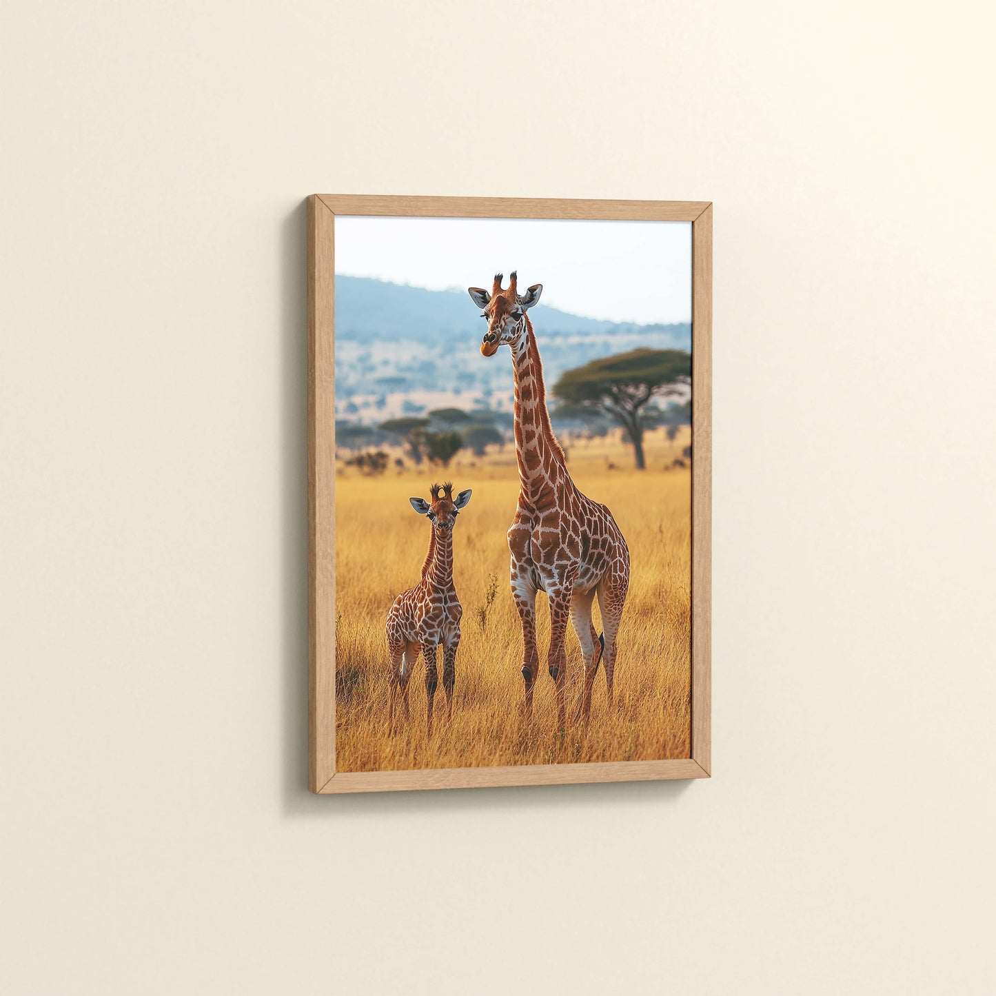 Side View of Gentle Heights – Giraffe with Baby Wildlife Wall Art Frame in Natrual Color Frame