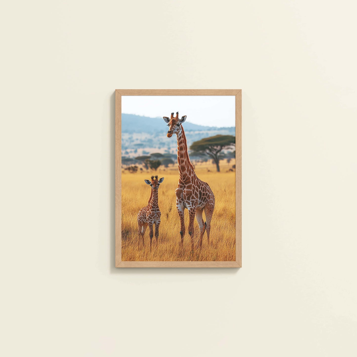 Wall View of Gentle Heights – Giraffe with Baby Wildlife Wall Art Frame in Natrual Color Frame