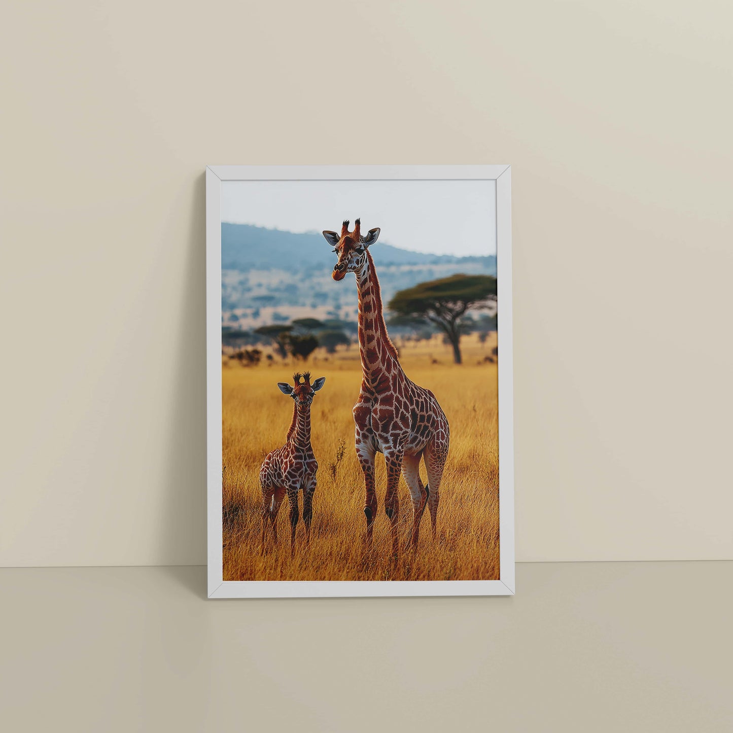 Floor View of Gentle Heights – Giraffe with Baby Wildlife Wall Art Frame in White Color Frame