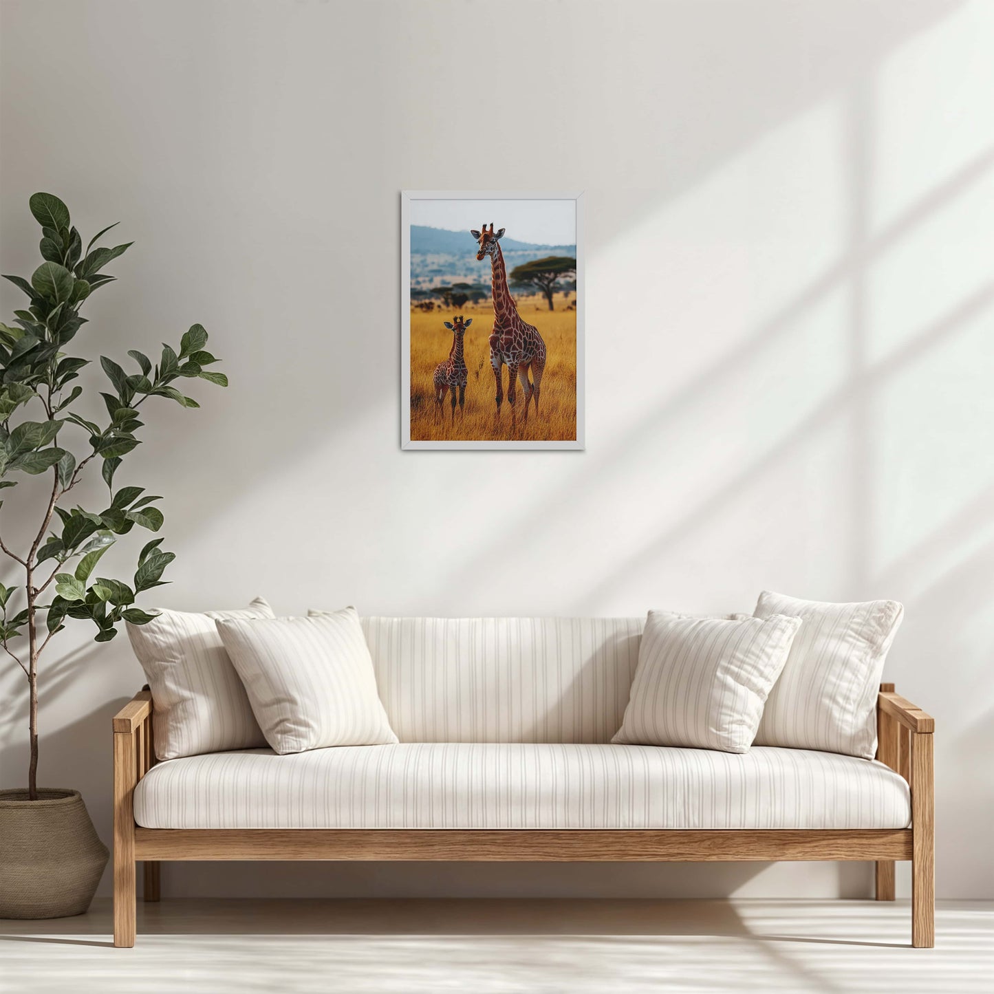 Living Room Cabinet Table Preview of Gentle Heights – Giraffe with Baby Wildlife Wall Art Frame in White Color Frame