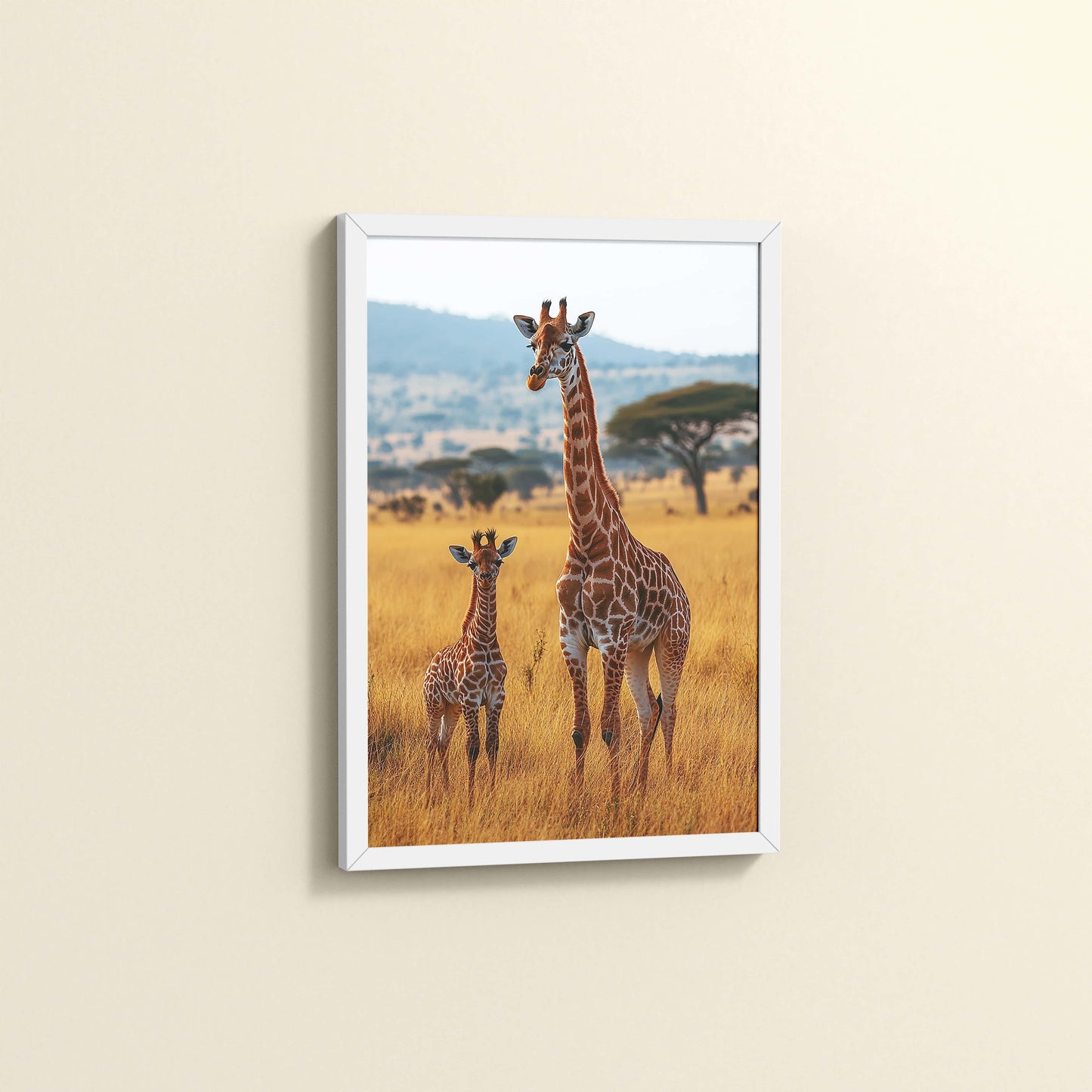 Side View of Gentle Heights – Giraffe with Baby Wildlife Wall Art Frame in White Color Frame