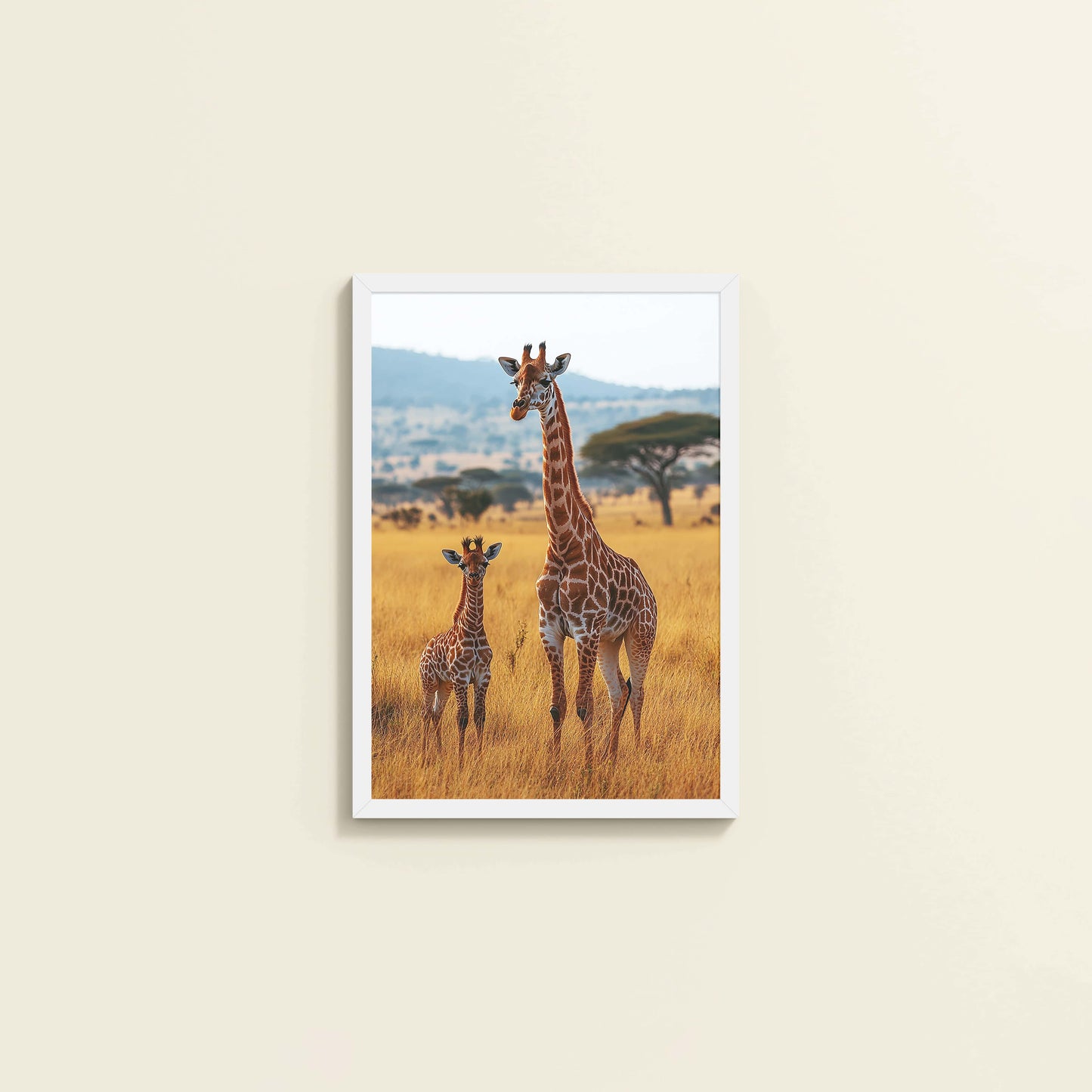 Wall View of Gentle Heights – Giraffe with Baby Wildlife Wall Art Frame in White Color Frame
