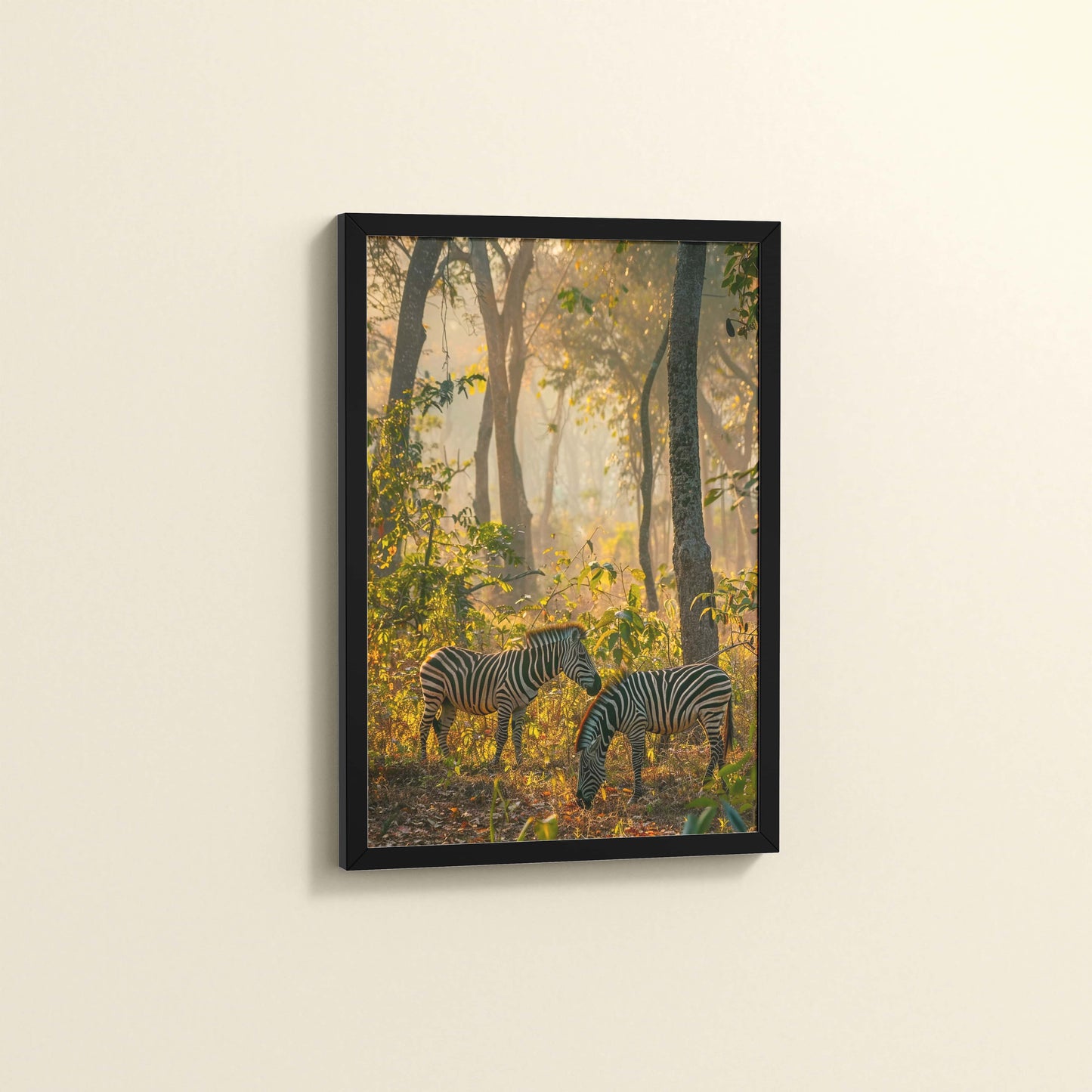 Side View of Grace in Stripes – Zebra with Baby Wall Art Frame in Black Color Frame