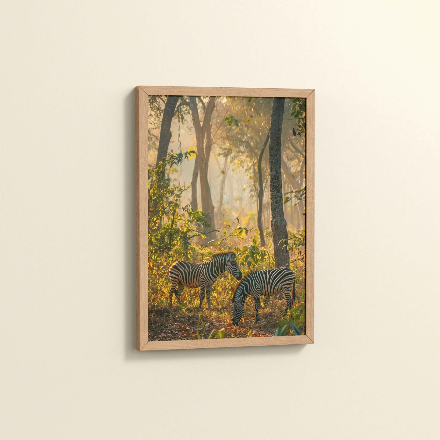 Side View of Grace in Stripes – Zebra with Baby Wall Art Frame in Natrual Color Frame