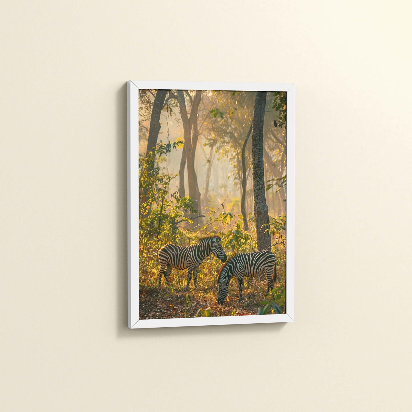 Side View of Grace in Stripes – Zebra with Baby Wall Art Frame in White Color Frame