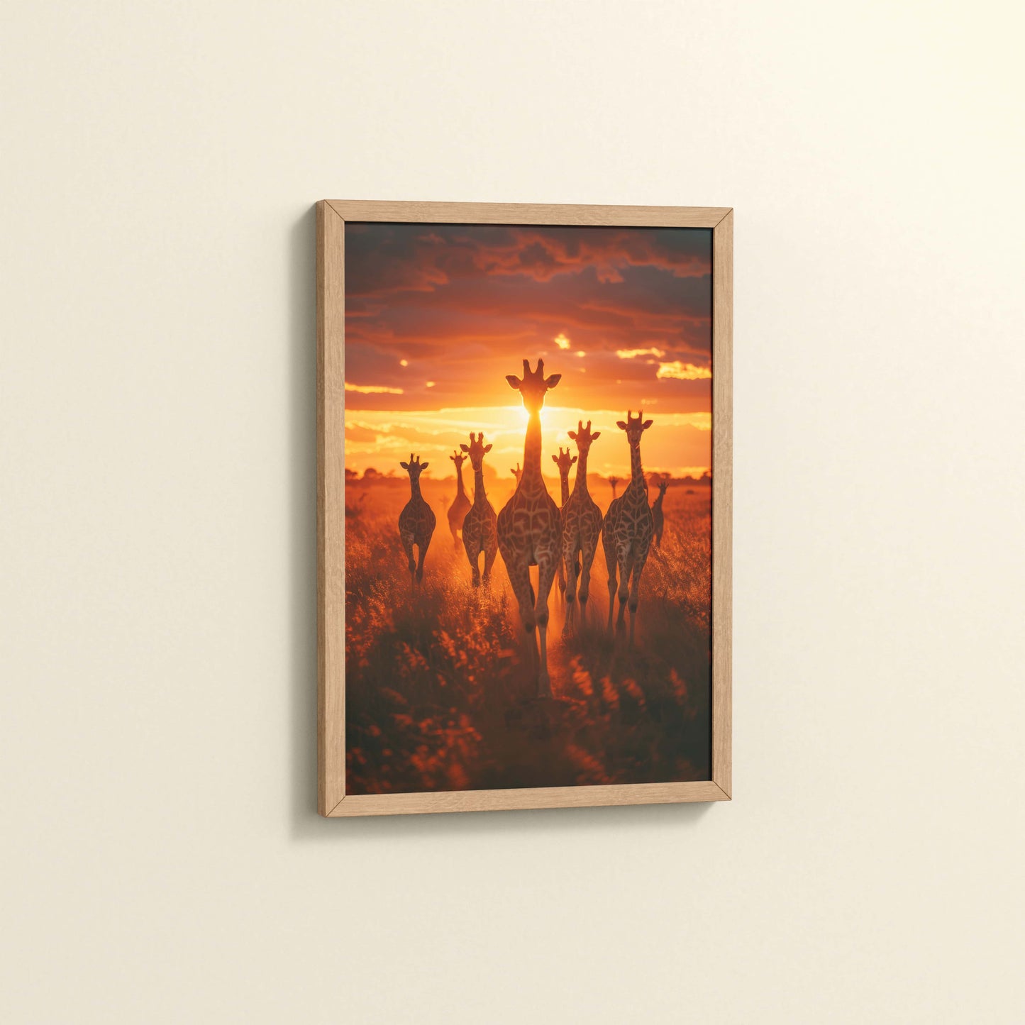 Side View of Together at Dusk – Giraffe Family Wildlife Photo Frame in Natrual Color Frame