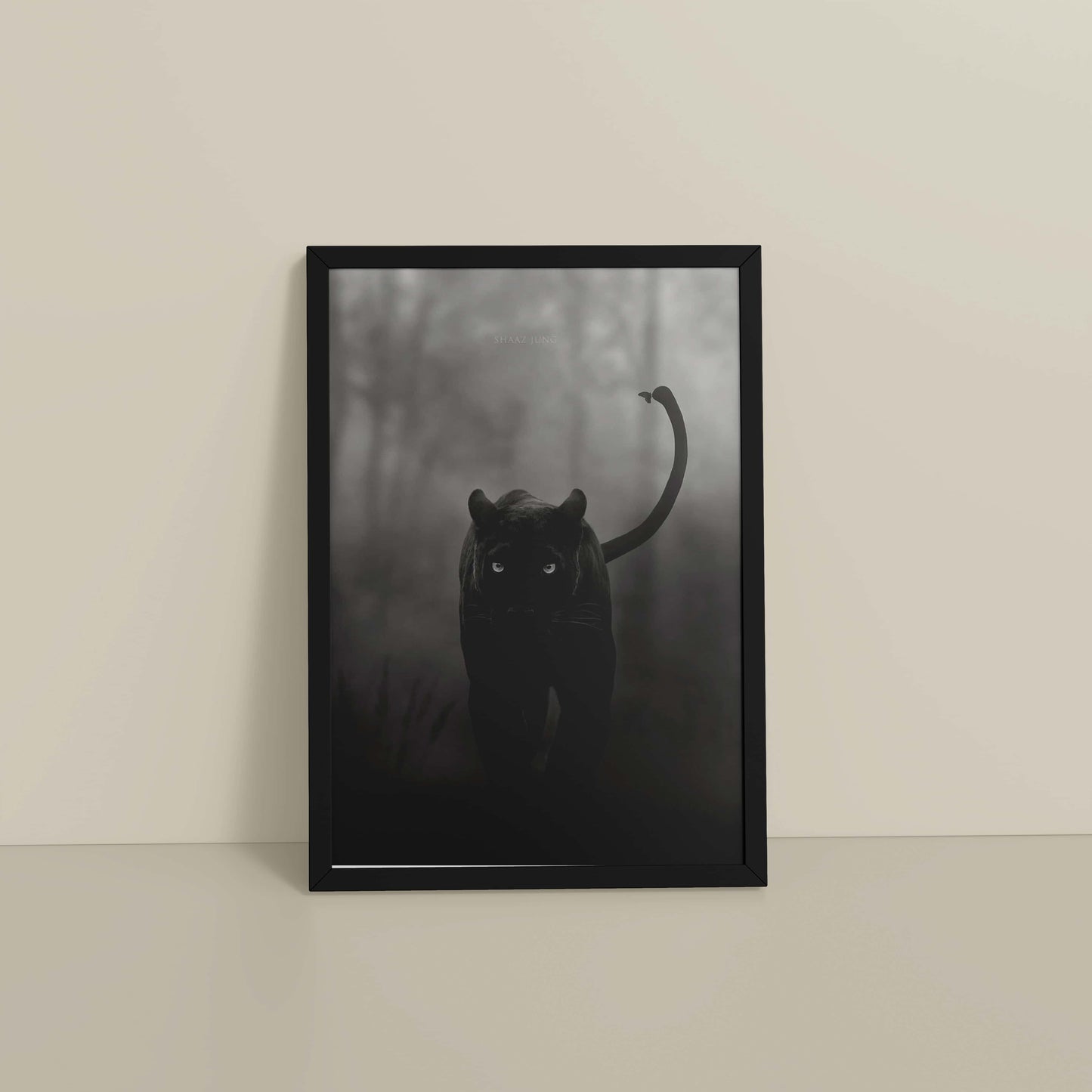 Floor View of Silent Hunter – Black Panther Wildlife Wall Art Frame in Black Color Frame