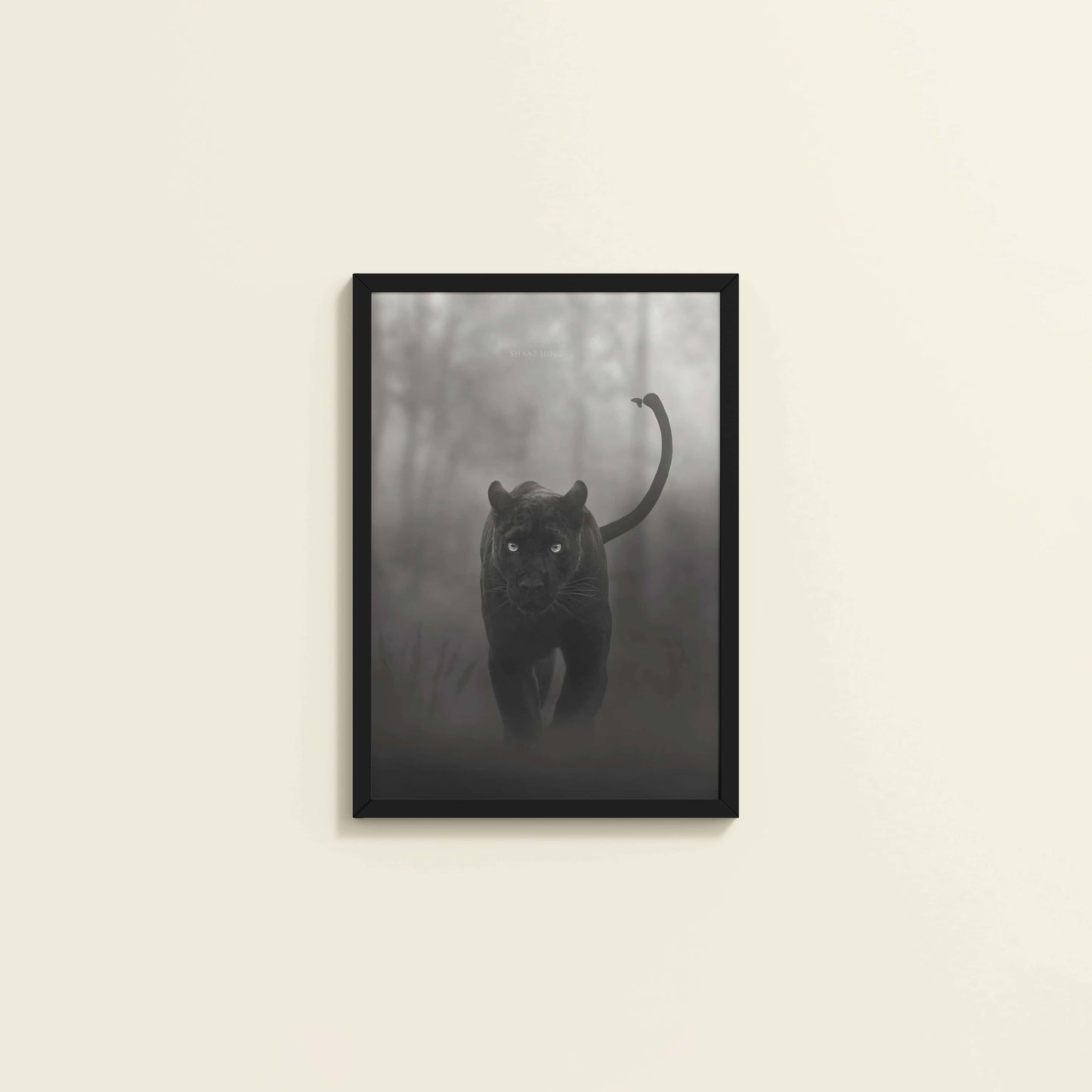 Wall View of Silent Hunter – Black Panther Wildlife Wall Art Frame in Black Color Frame