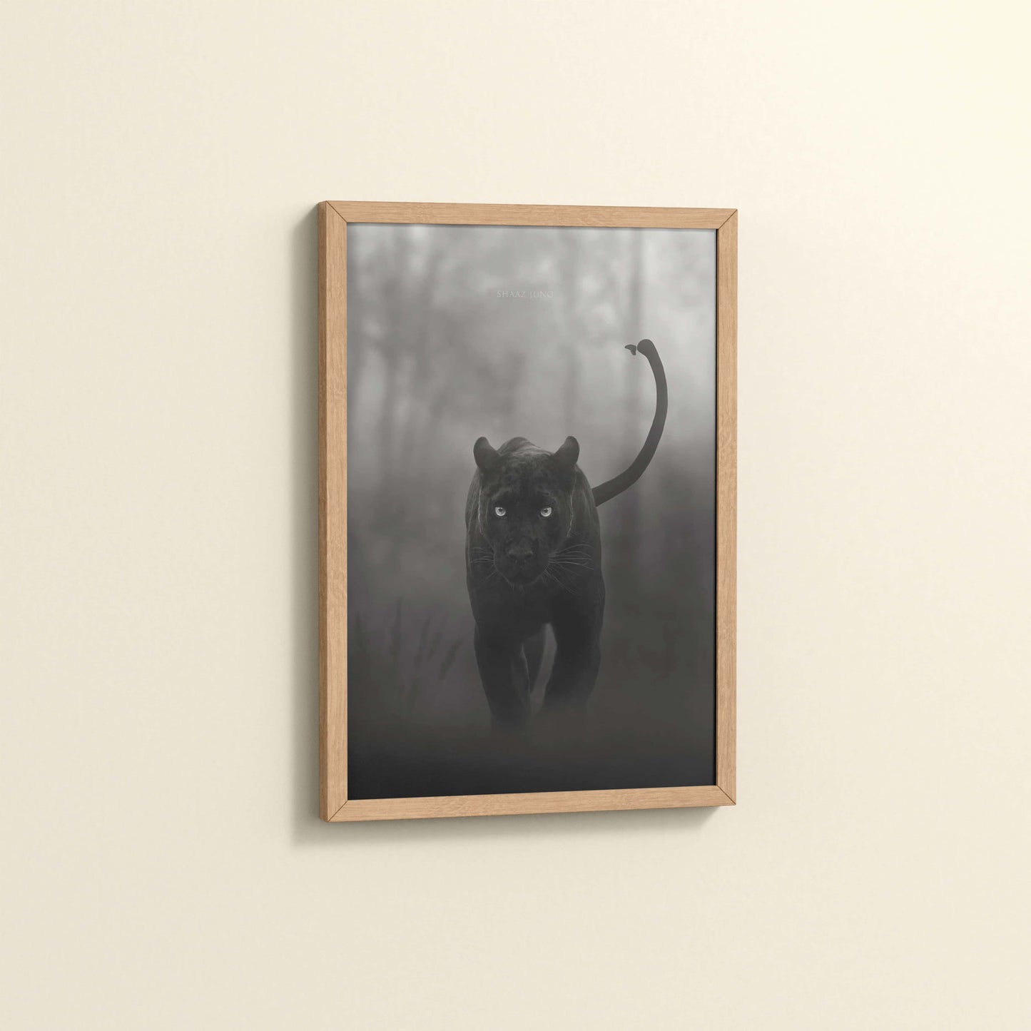 Side View of Silent Hunter – Black Panther Wildlife Wall Art Frame in Natrual Color Frame