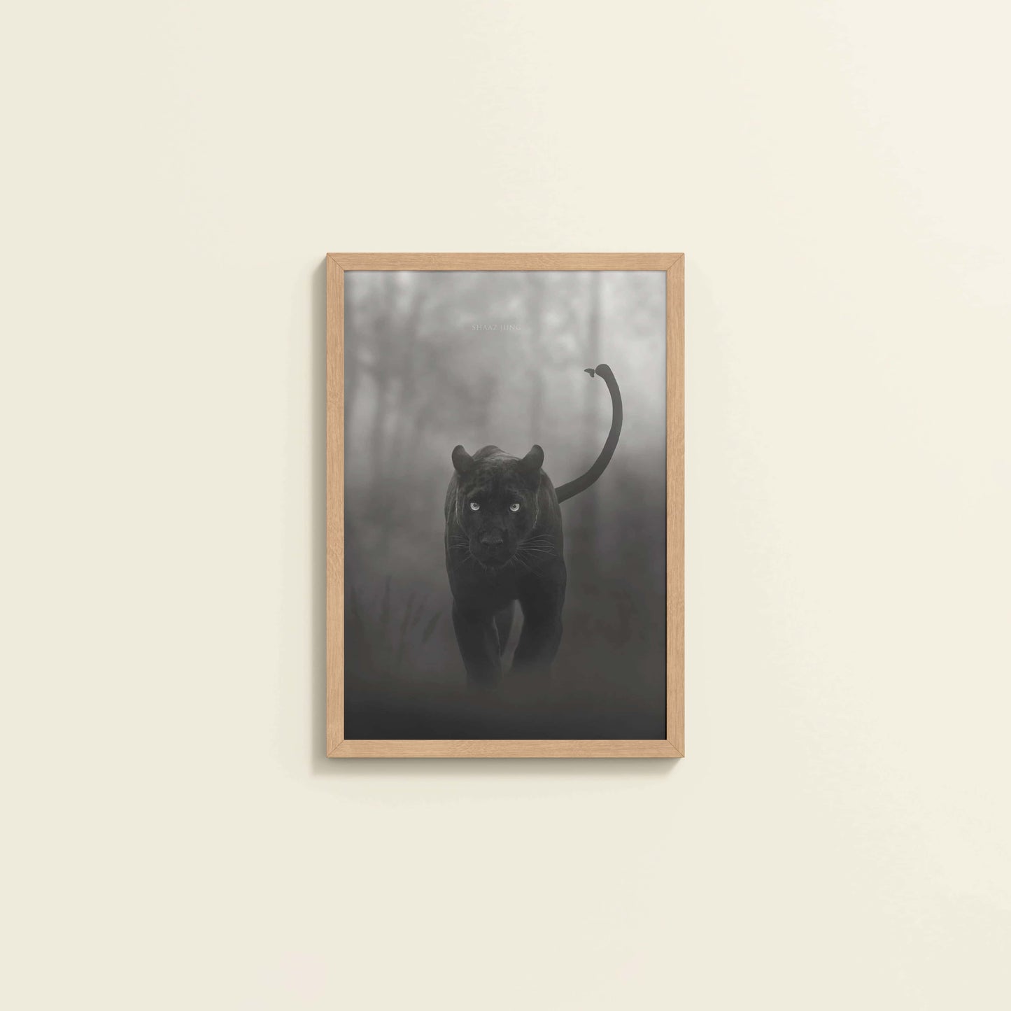 Wall View of Silent Hunter – Black Panther Wildlife Wall Art Frame in Natrual Color Frame