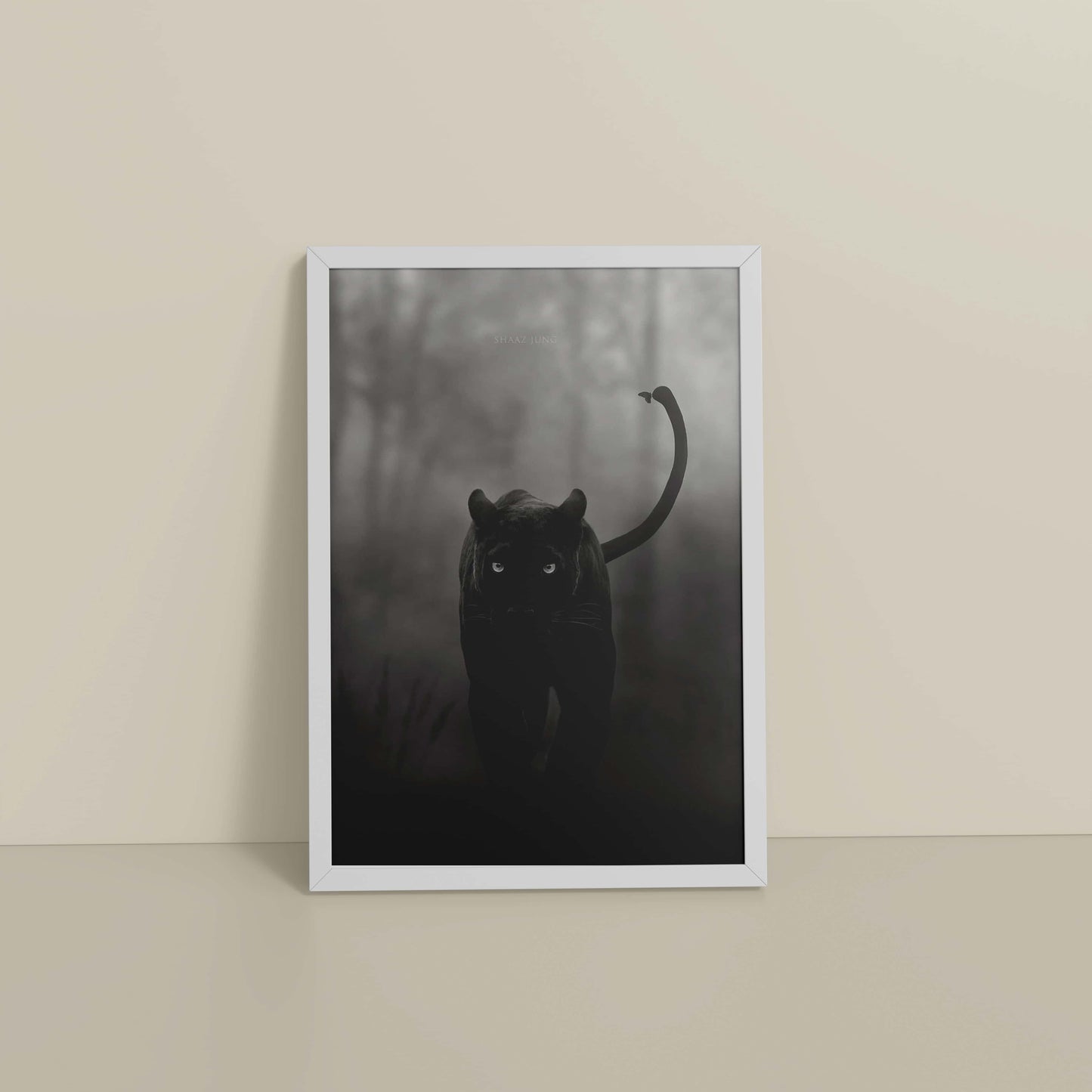 Floor View of Silent Hunter – Black Panther Wildlife Wall Art Frame in White Color Frame