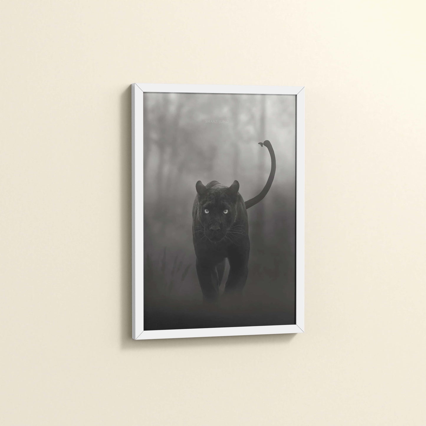 Side View of Silent Hunter – Black Panther Wildlife Wall Art Frame in White Color Frame