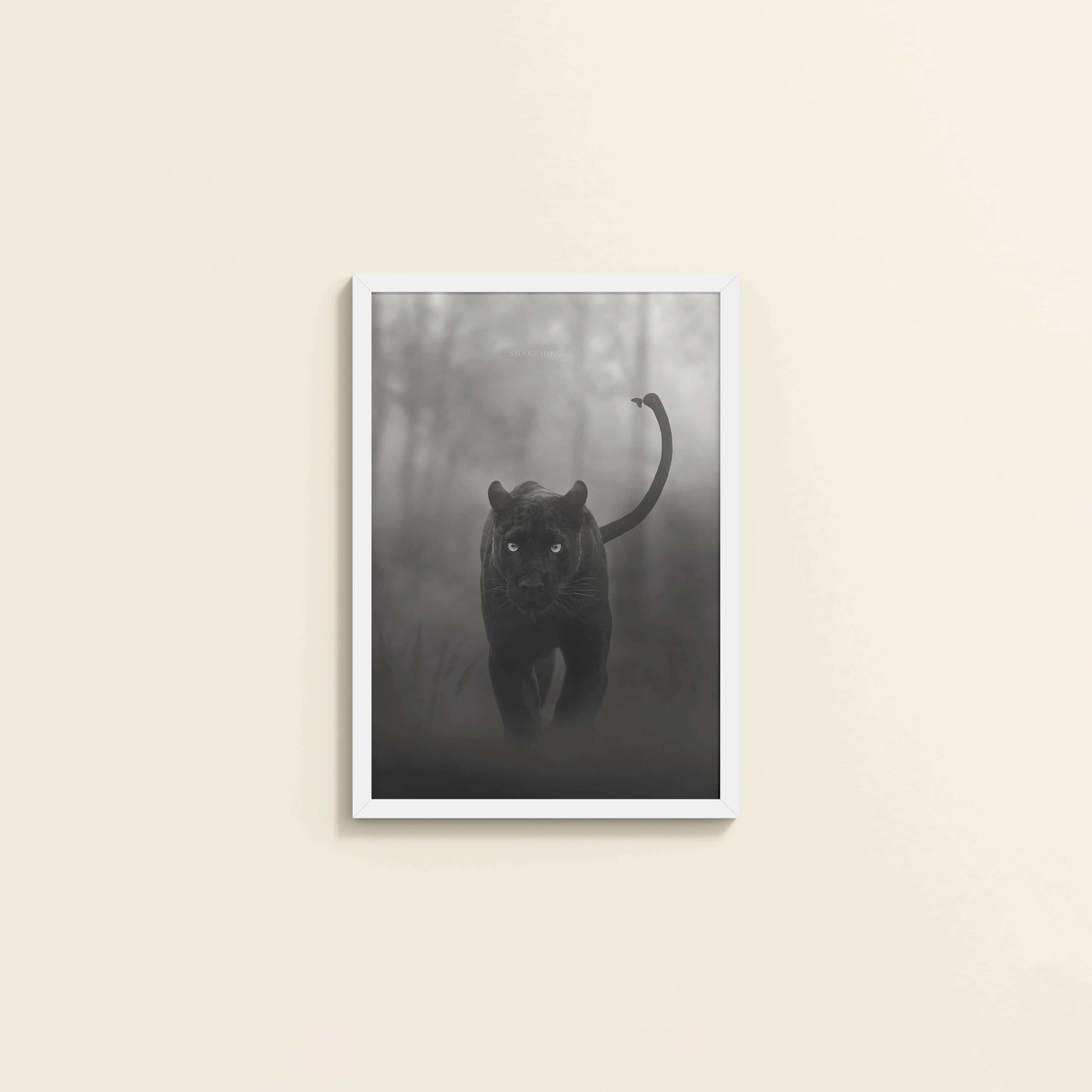 Wall View of Silent Hunter – Black Panther Wildlife Wall Art Frame in White Color Frame