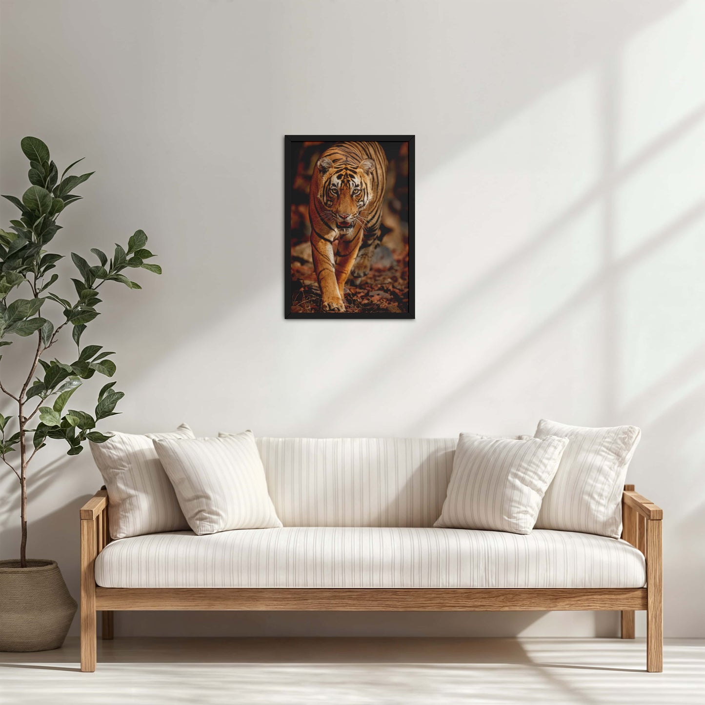 Living Room Cabinet Table Preview of Tiger Gaze – Fierce Jungle Wall Photo Frame in Black Color Frame
