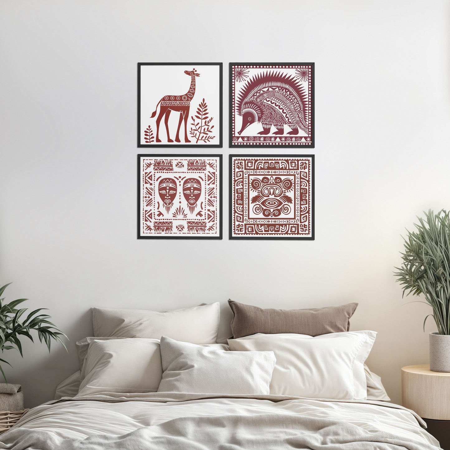 Bed Room Preview of Tribal Animal & Face Motif Wall Art Frames Set of 4 in Black Color Frame