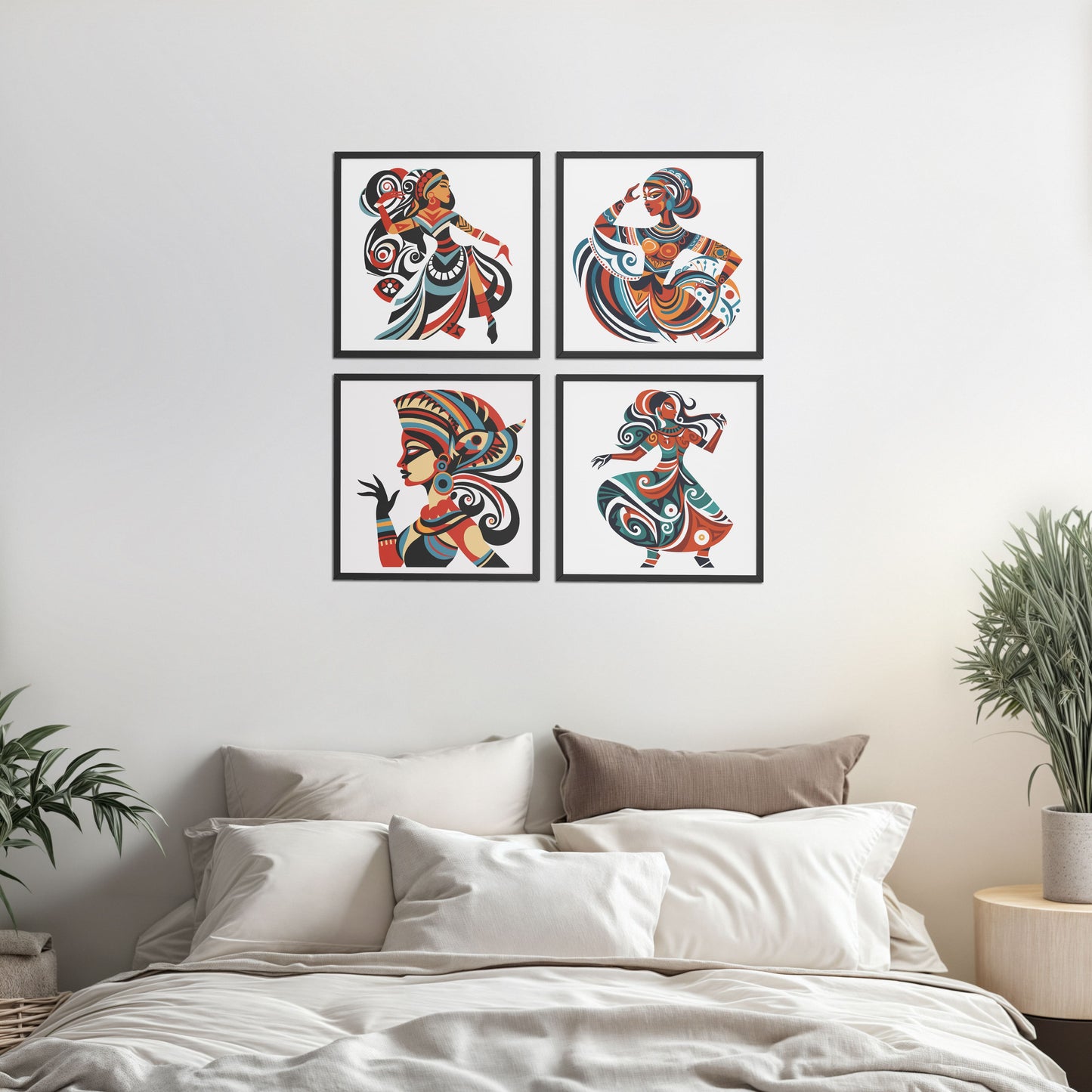 Bed Room Preview of Dancing Women Warli Folk Art Frames Set of 4 in Black Color Frame