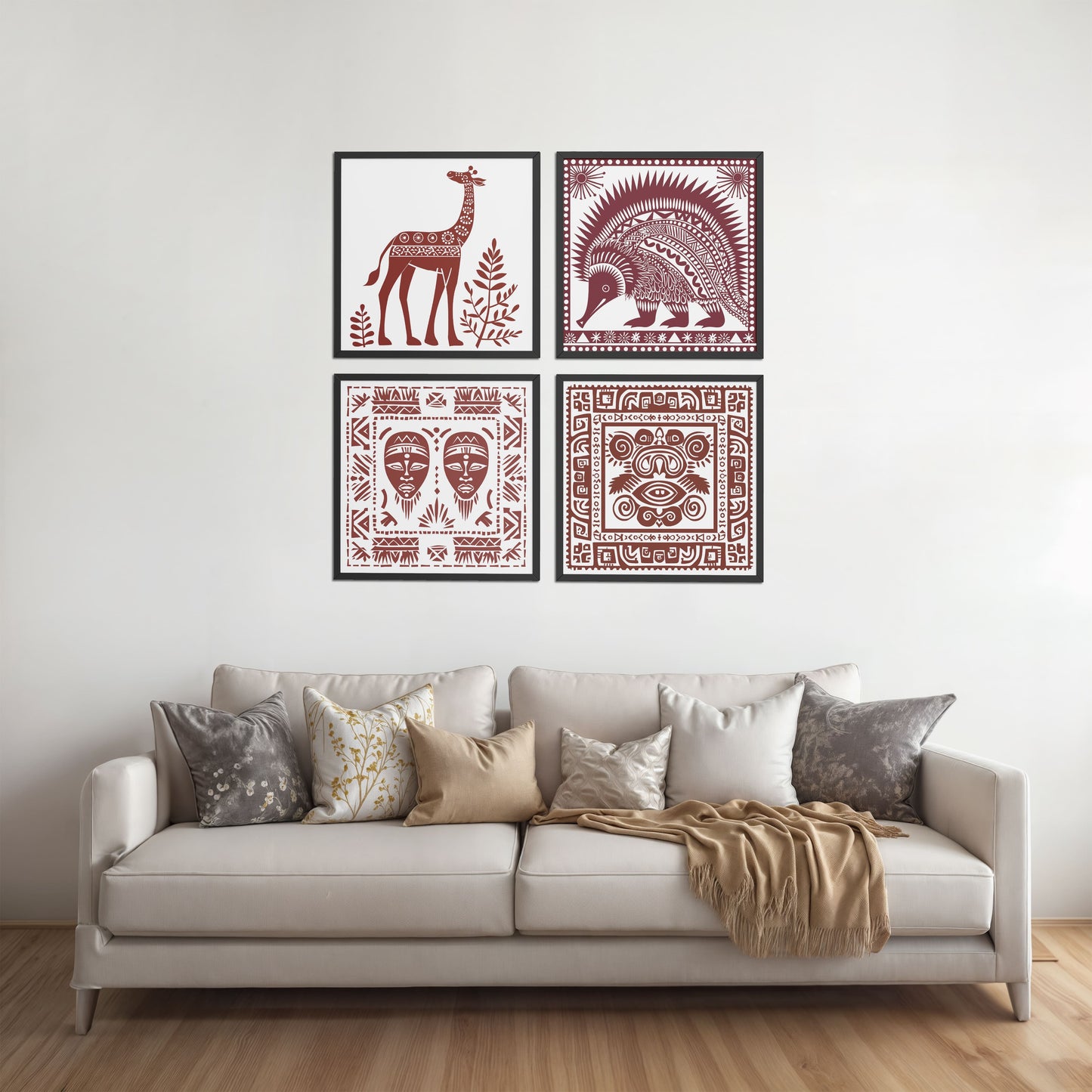 Living Room Sofa Preview of Tribal Animal & Face Motif Wall Art Frames Set of 4 in Black Color Frame