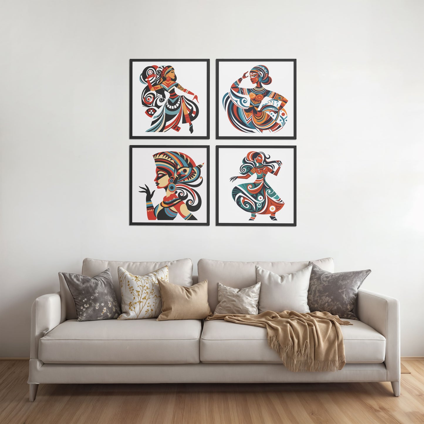 Living Room Sofa Preview of Dancing Women Warli Folk Art Frames Set of 4 in Black Color Frame