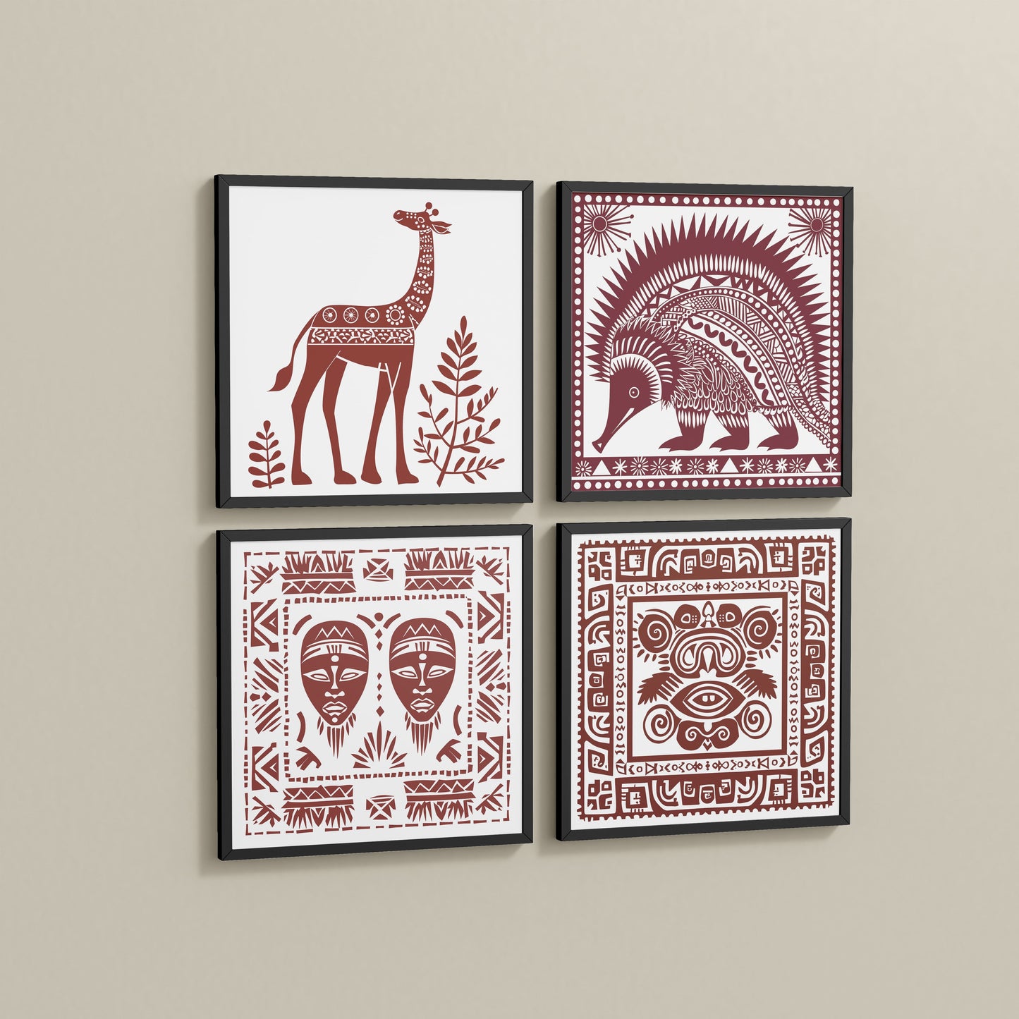 Wall View of Tribal Animal & Face Motif Wall Art Frames Set of 4 in Black Color Frame