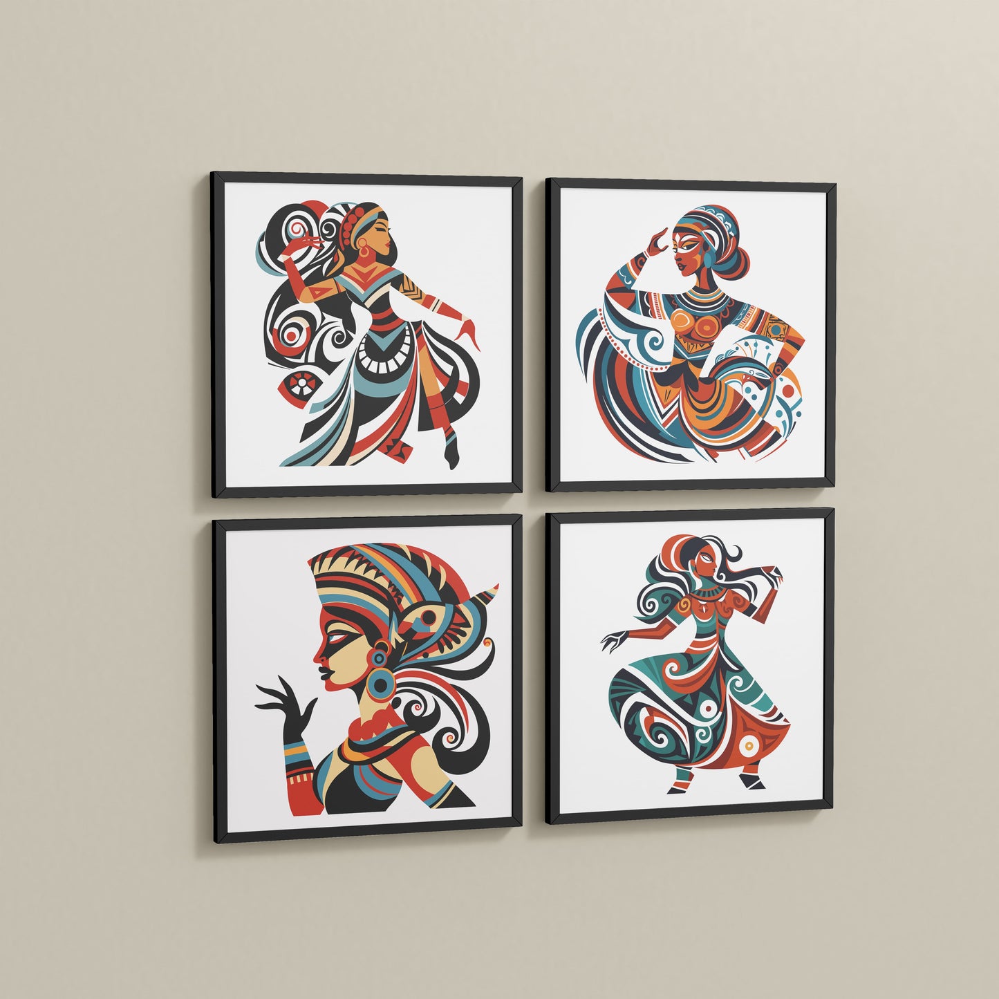 Side View of Dancing Women Warli Folk Art Frames Set of 4 in Black Color Frame