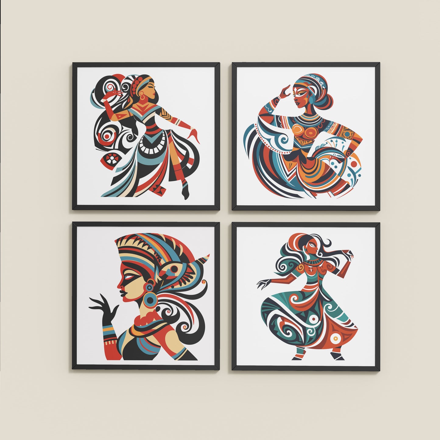 Wall View of Dancing Women Warli Folk Art Frames Set of 4 in Black Color Frame