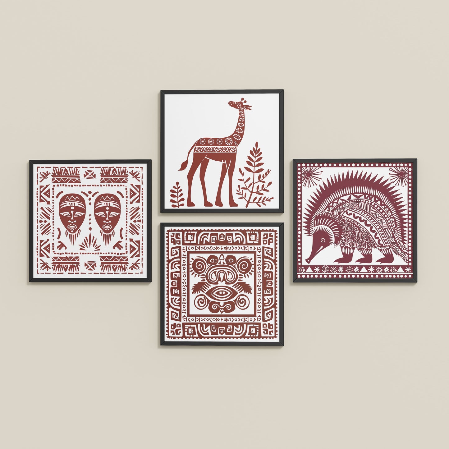 Inclined Floor View of Tribal Animal & Face Motif Wall Art Frames Set of 4 in Black Color Frame
