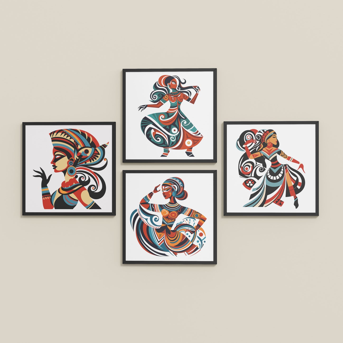 Inclined Floor View of Dancing Women Warli Folk Art Frames Set of 4 in Black Color Frame