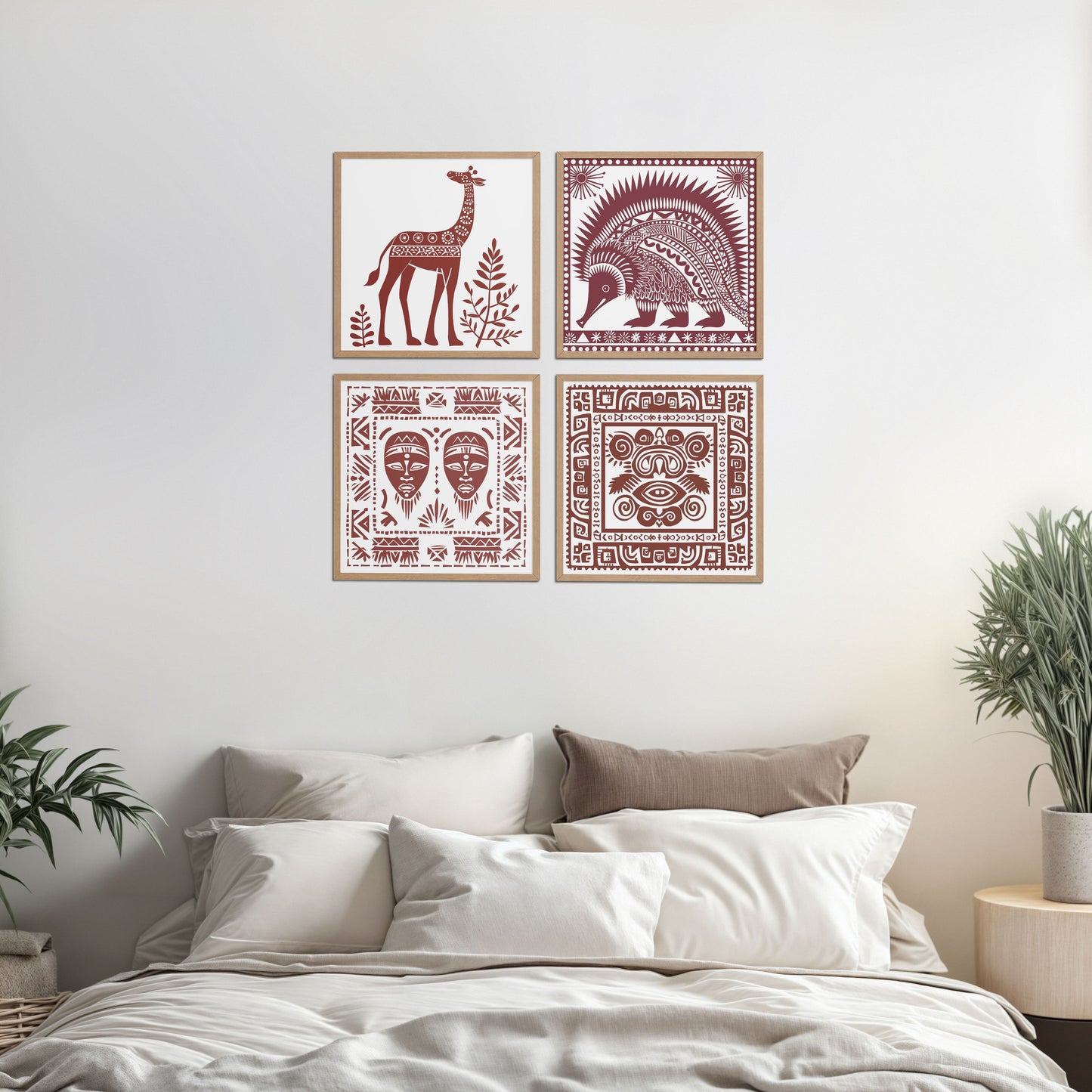 Bed Room Preview of Tribal Animal & Face Motif Wall Art Frames Set of 4 in Natrual Color Frame