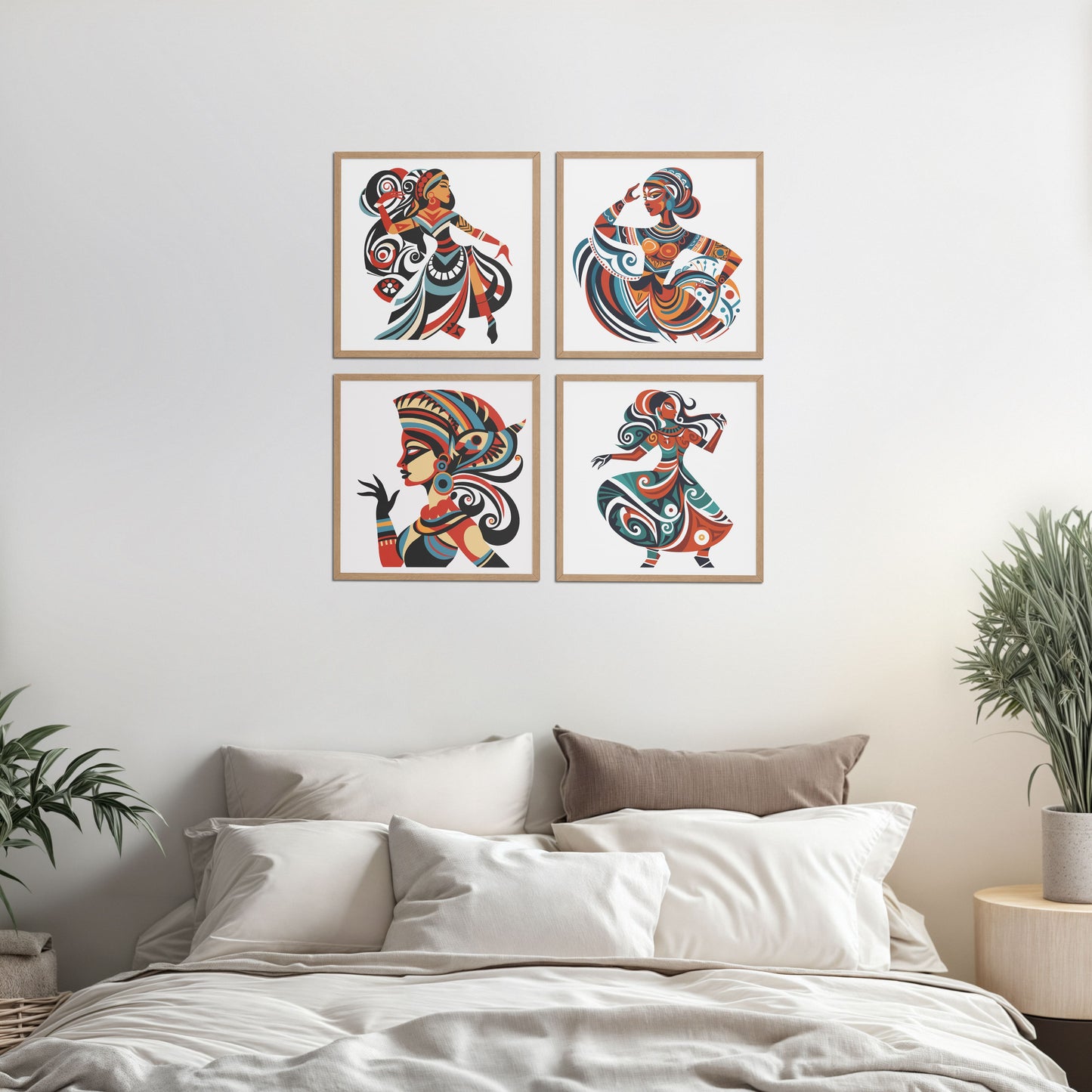 Bed Room Preview of Dancing Women Warli Folk Art Frames Set of 4 in Natrual Color Frame