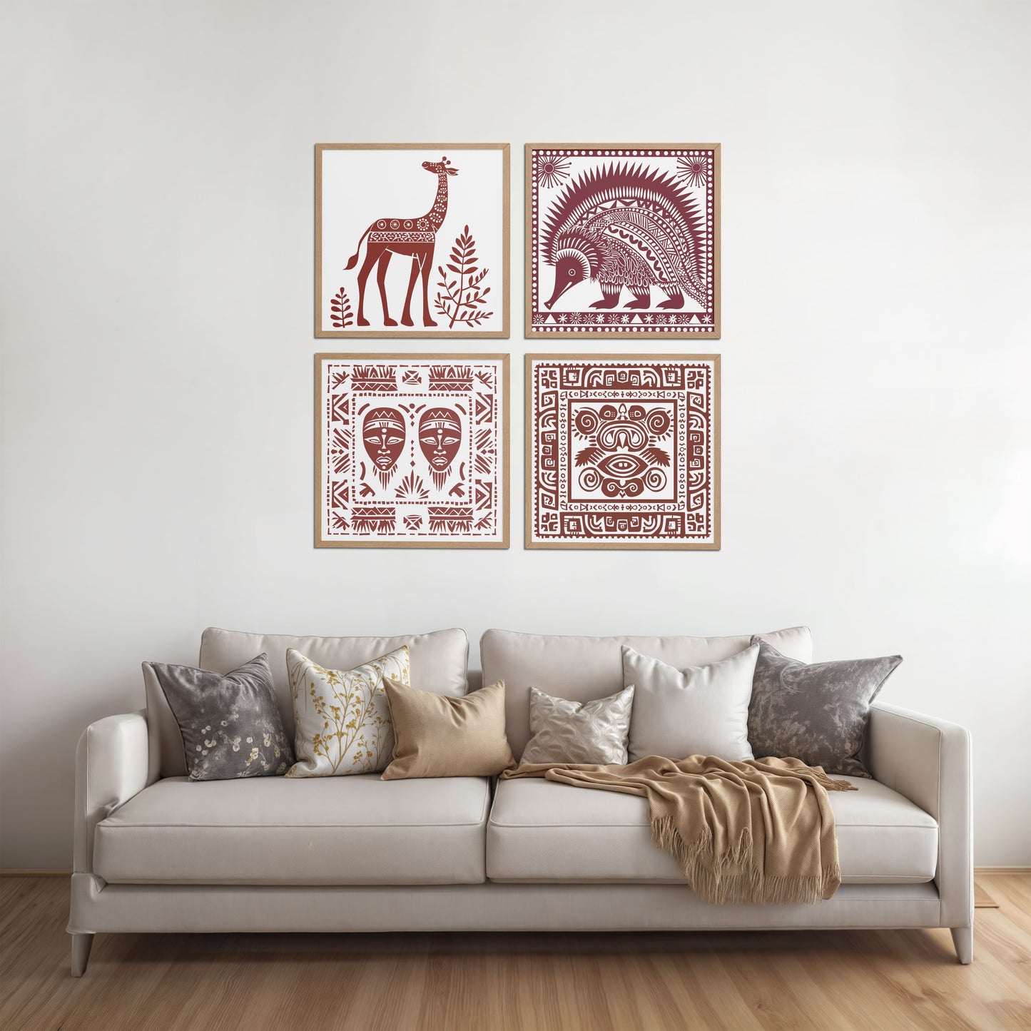 Living Room Sofa Preview of Tribal Animal & Face Motif Wall Art Frames Set of 4 in Natrual Color Frame