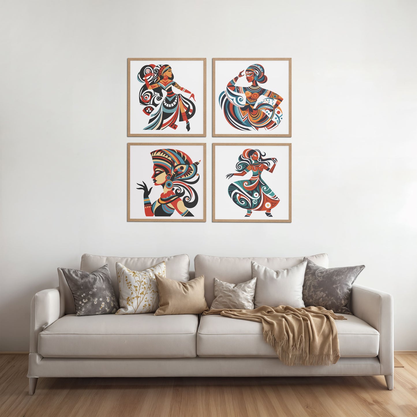 Living Room Sofa Preview of Dancing Women Warli Folk Art Frames Set of 4 in Natrual Color Frame