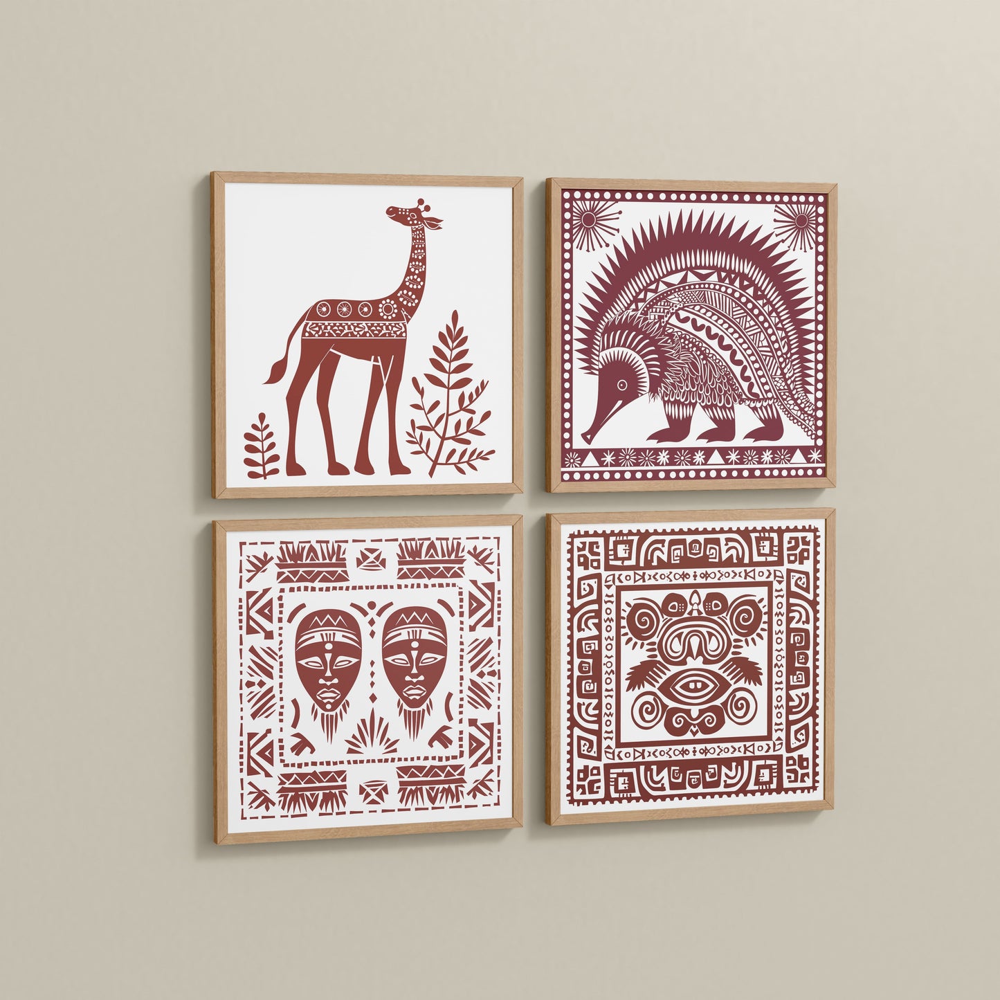 Wall View of Tribal Animal & Face Motif Wall Art Frames Set of 4 in Natrual Color Frame