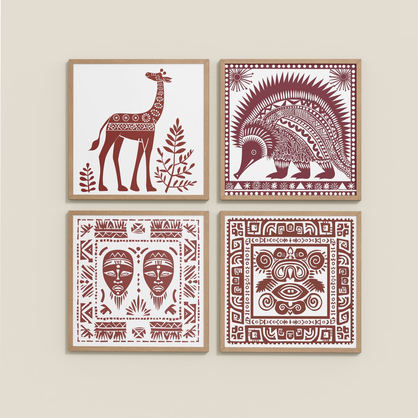 Side View of Tribal Animal & Face Motif Wall Art Frames Set of 4 in Natrual Color Frame