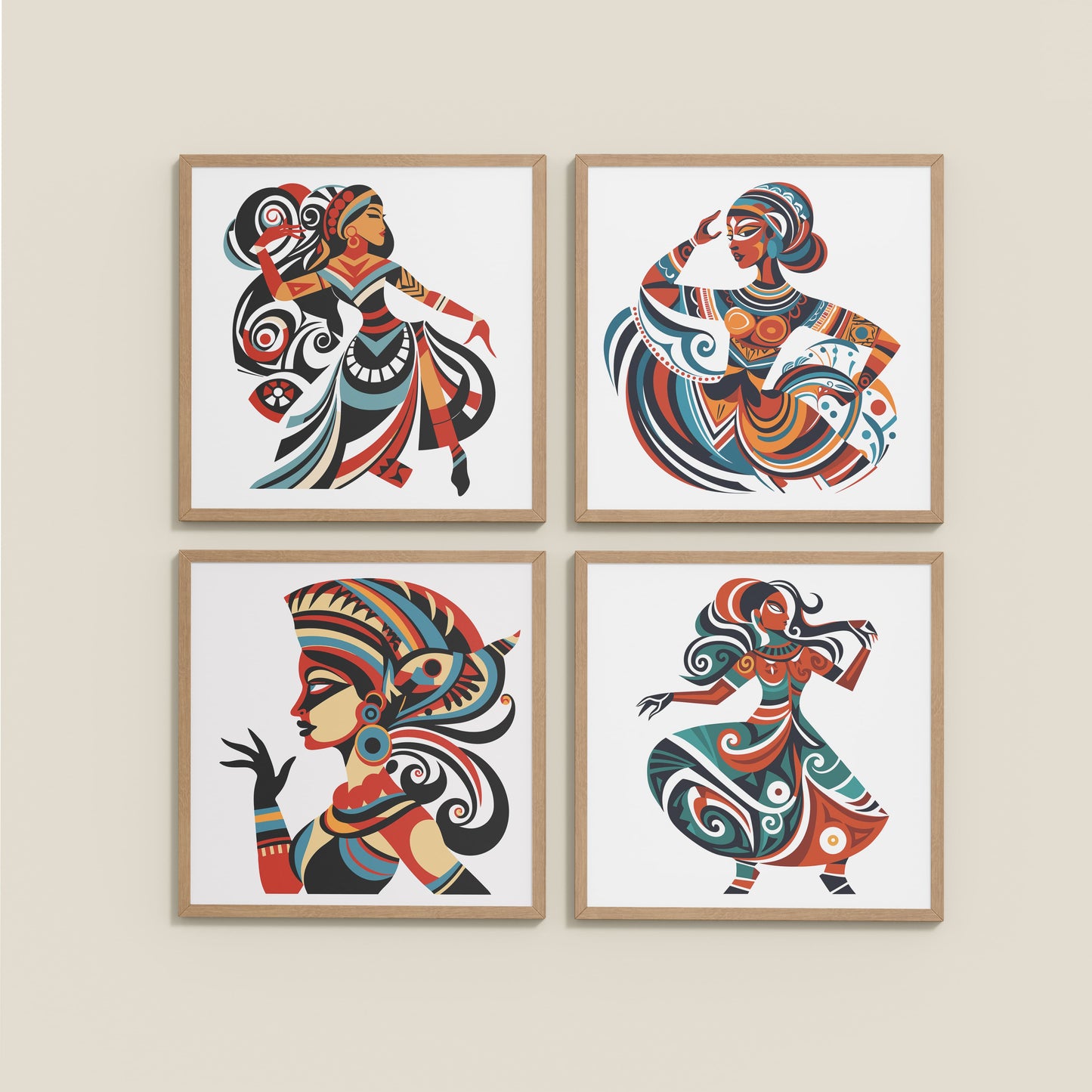 Wall View of Dancing Women Warli Folk Art Frames Set of 4 in Natrual Color Frame