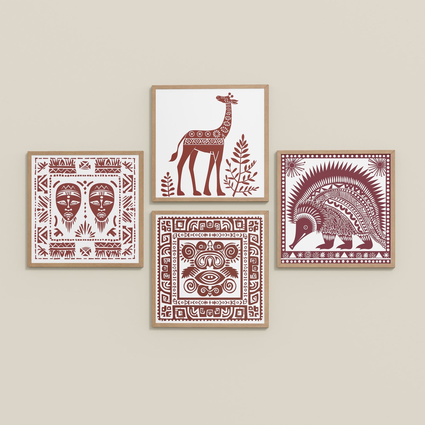 Inclined Floor View of Tribal Animal & Face Motif Wall Art Frames Set of 4 in Natrual Color Frame