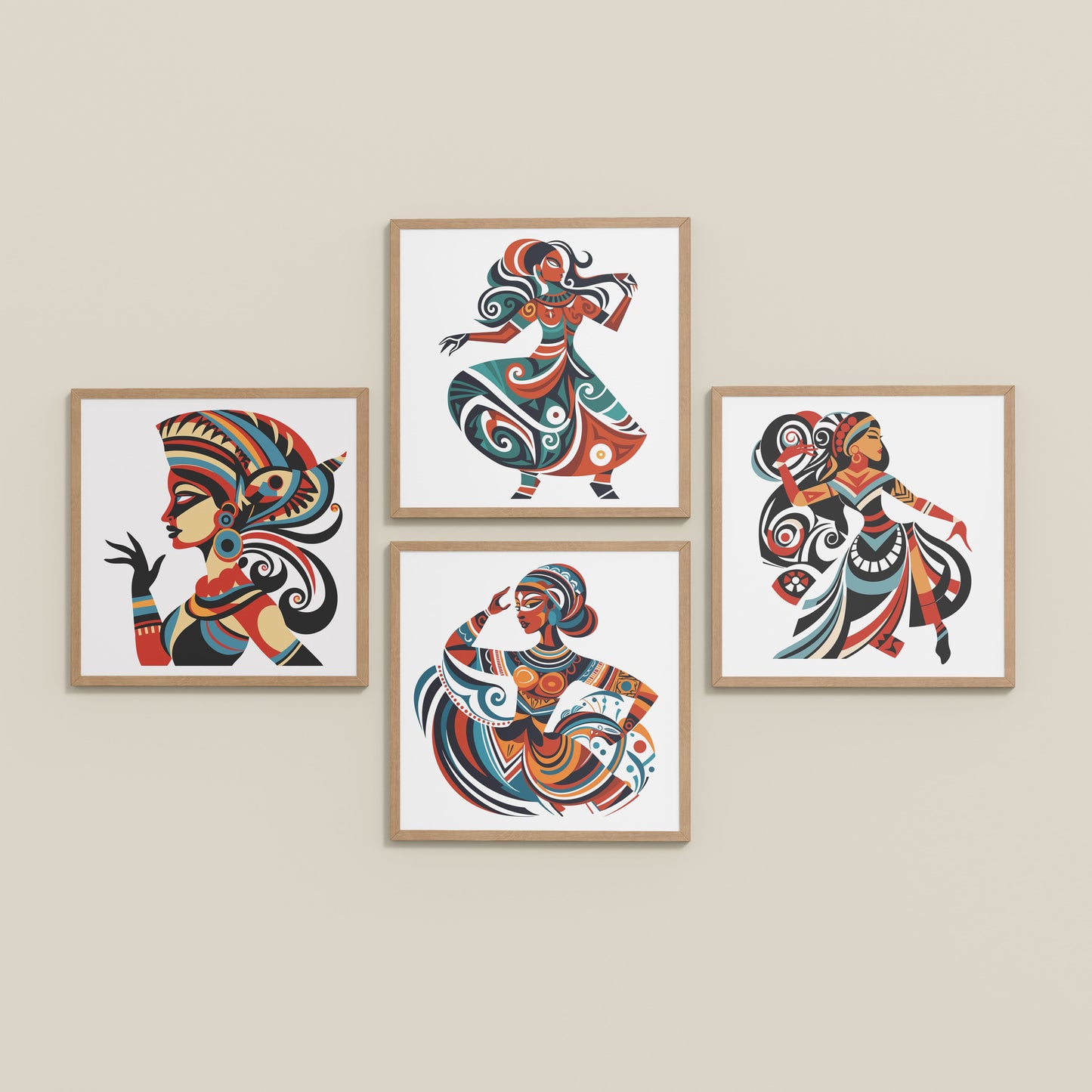 Inclined Floor View of Dancing Women Warli Folk Art Frames Set of 4 in Natrual Color Frame